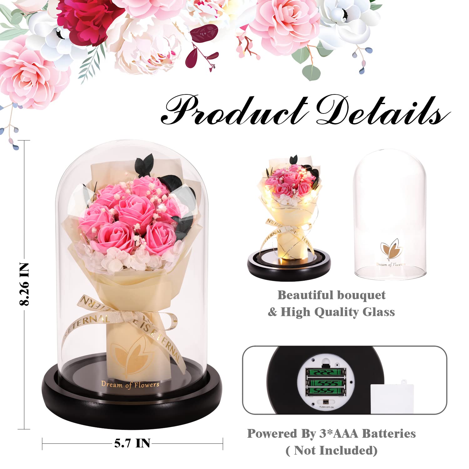 Beauty and The Beast Rose for Mom, Birthday Gifts for Women, Light Up Roses, Glass Dome Rose with LED Lights, Red Roses, Women's Gift for Mom Wife Grandmother