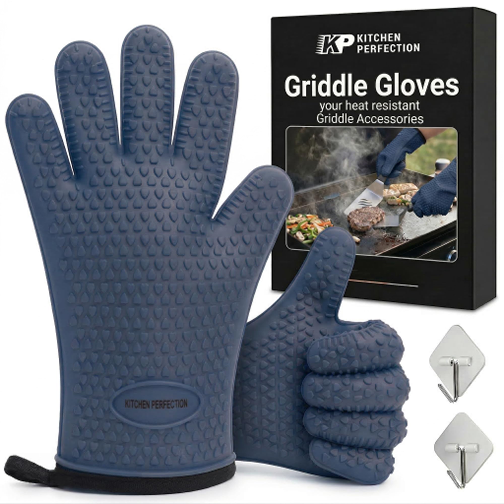 KITCHEN PERFECTION Silicone Oven & Griddle Gloves -Extreme Heat Resistant BBQ & Grilling Gloves -Handle Hot Food Right on Your Griddle |Waterproof Oven Mitts Grill Gloves |Superior Set+3 Bonuses