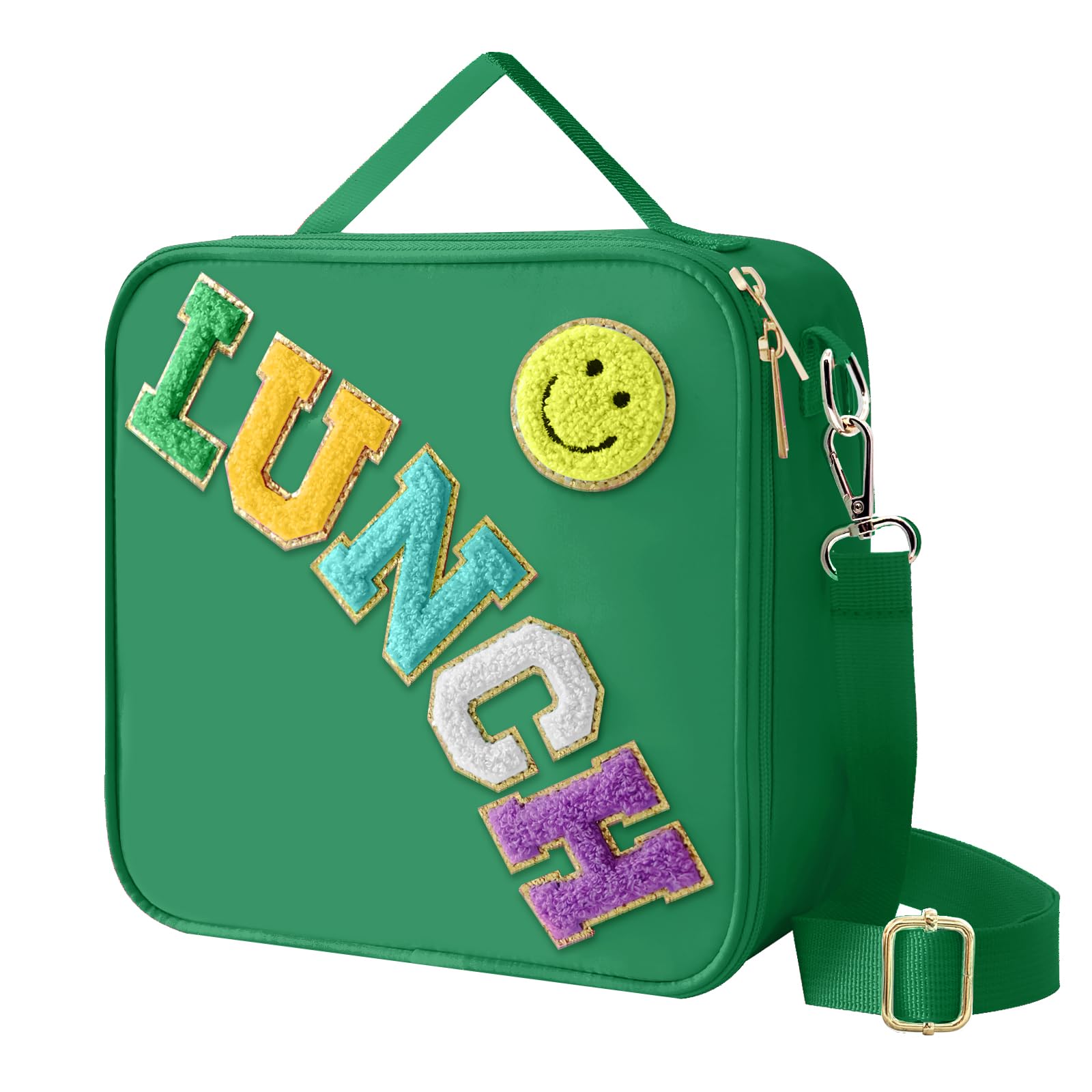 Insulated Lunch Bag With Adjustable Shoulder Strap, Nylon Preppy Lunch Box Large Insulated Lunch Bag Reusable Lunch Tote Bag with Smiley Preppy LunchBag for Girls School Travel Picnic (Purple)