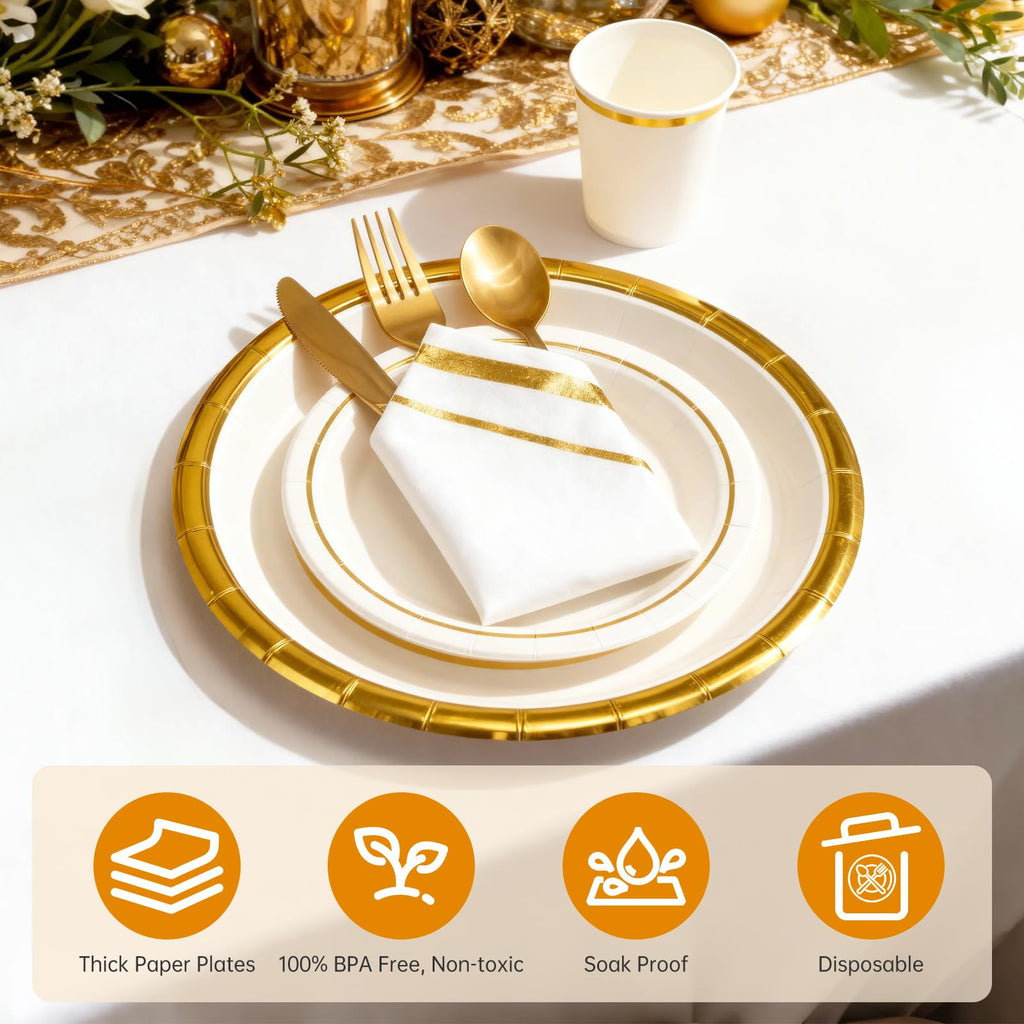 AIRE 175PCS Black and Gold Paper Plates Party Supplies for 25 Guests Disposable Party Decorations Dinnerware Golden Dot Black Paper Plates Napkins Cups Gold Plastic Forks Knives Spoons for Mothers Day