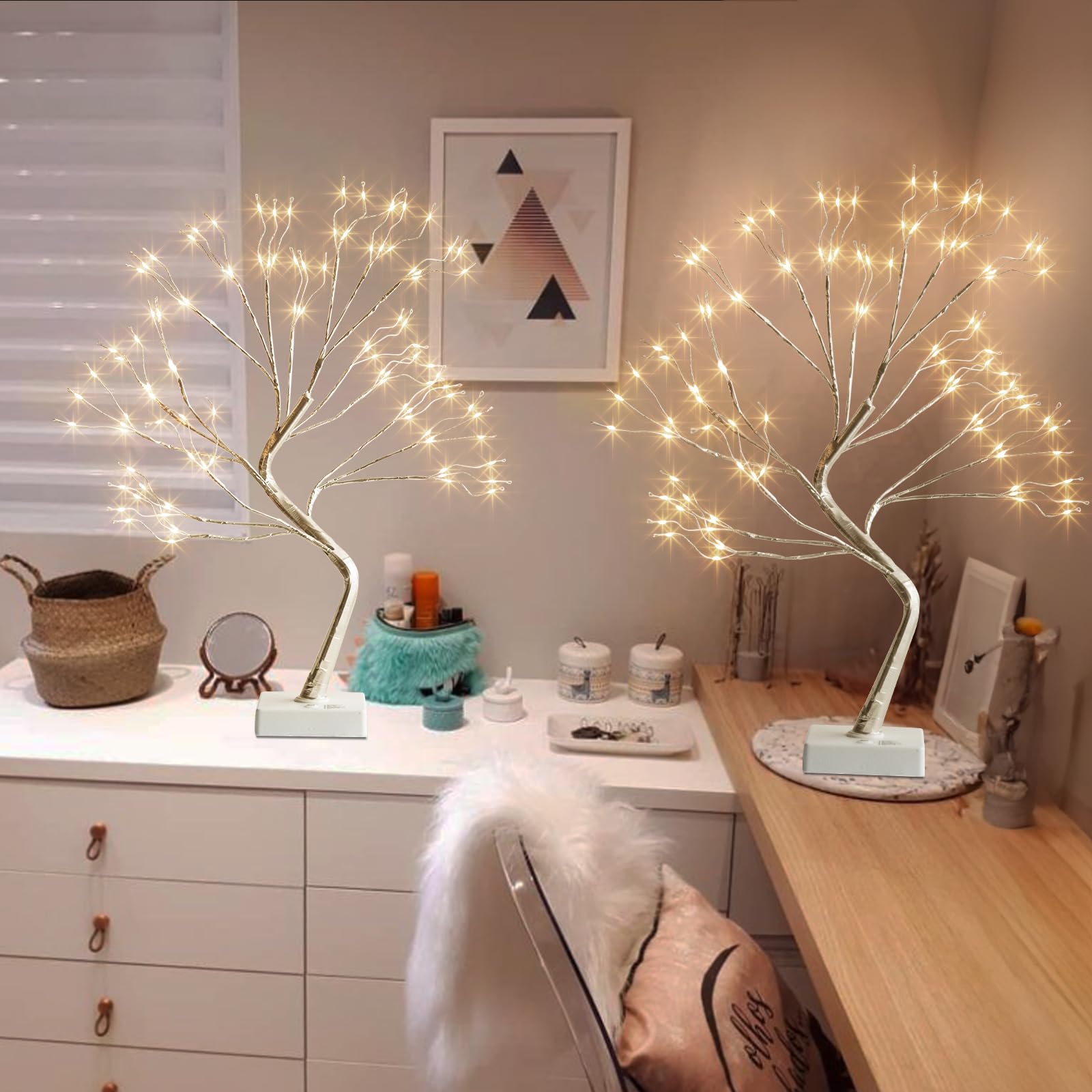 PEIDUO Home Decor, 2FT Birch Tree with LED Lights, Warm White Light up Tree Lamp, Artificial Trees for Home Table Inside, Battery Powered, Timer (2PK)