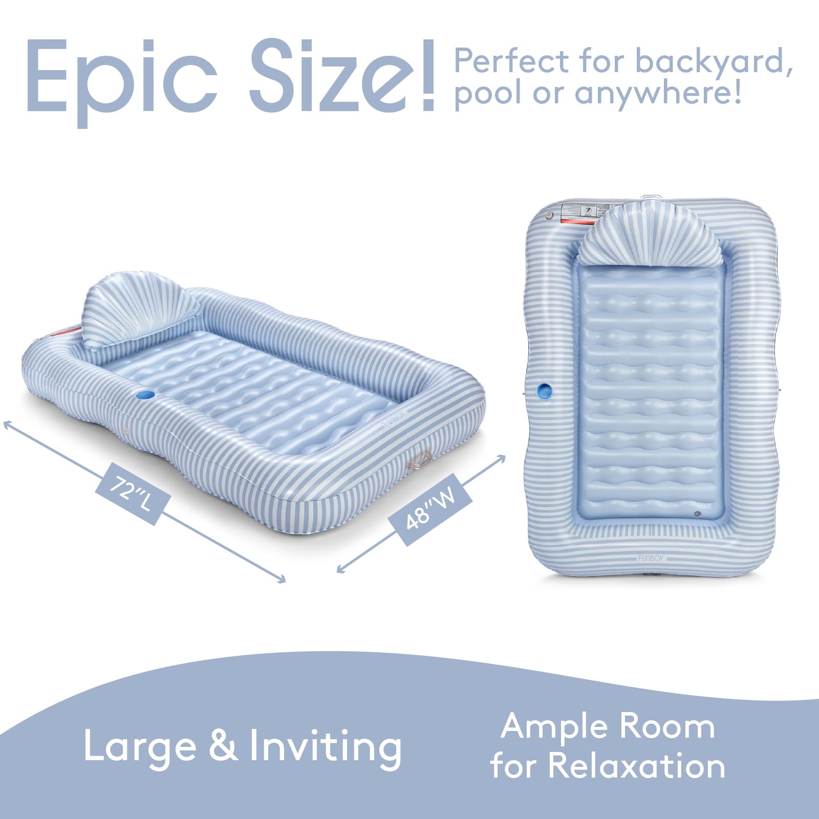 FUNBOY Tanning Pool Lounger Float, XL 72'' x 48'' Pool Float with Custom Pillow and Large Cup Holder, Perfect for Pool or Backyard.