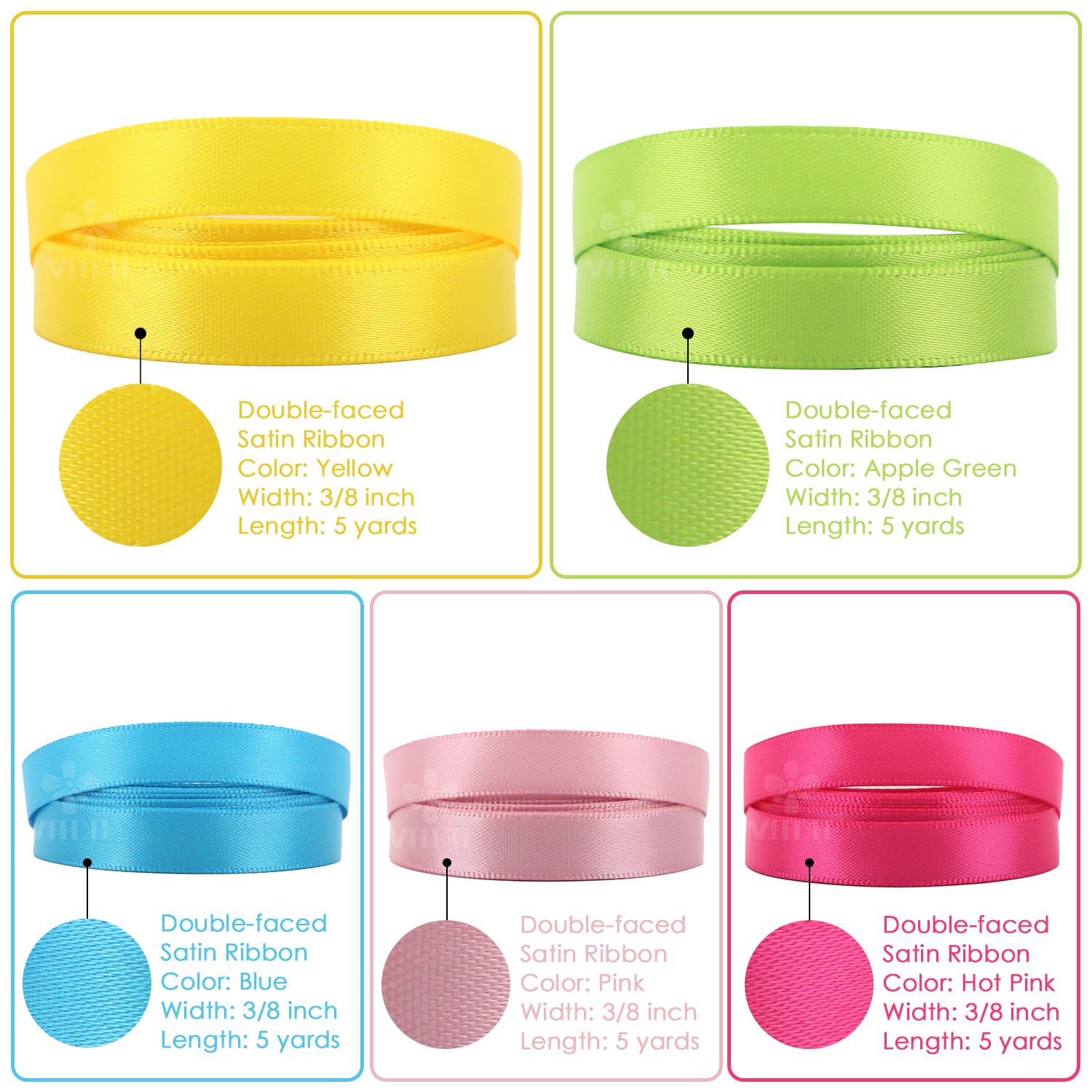 MEEDEE 3/8 Inch Satin Ribbon Set – 10 Rolls Rainbow Double Face Ribbon for Gift Wrapping, 5 Yards Each (Total 50 Yards), Decorative Ribbon for Presents & Party Favors