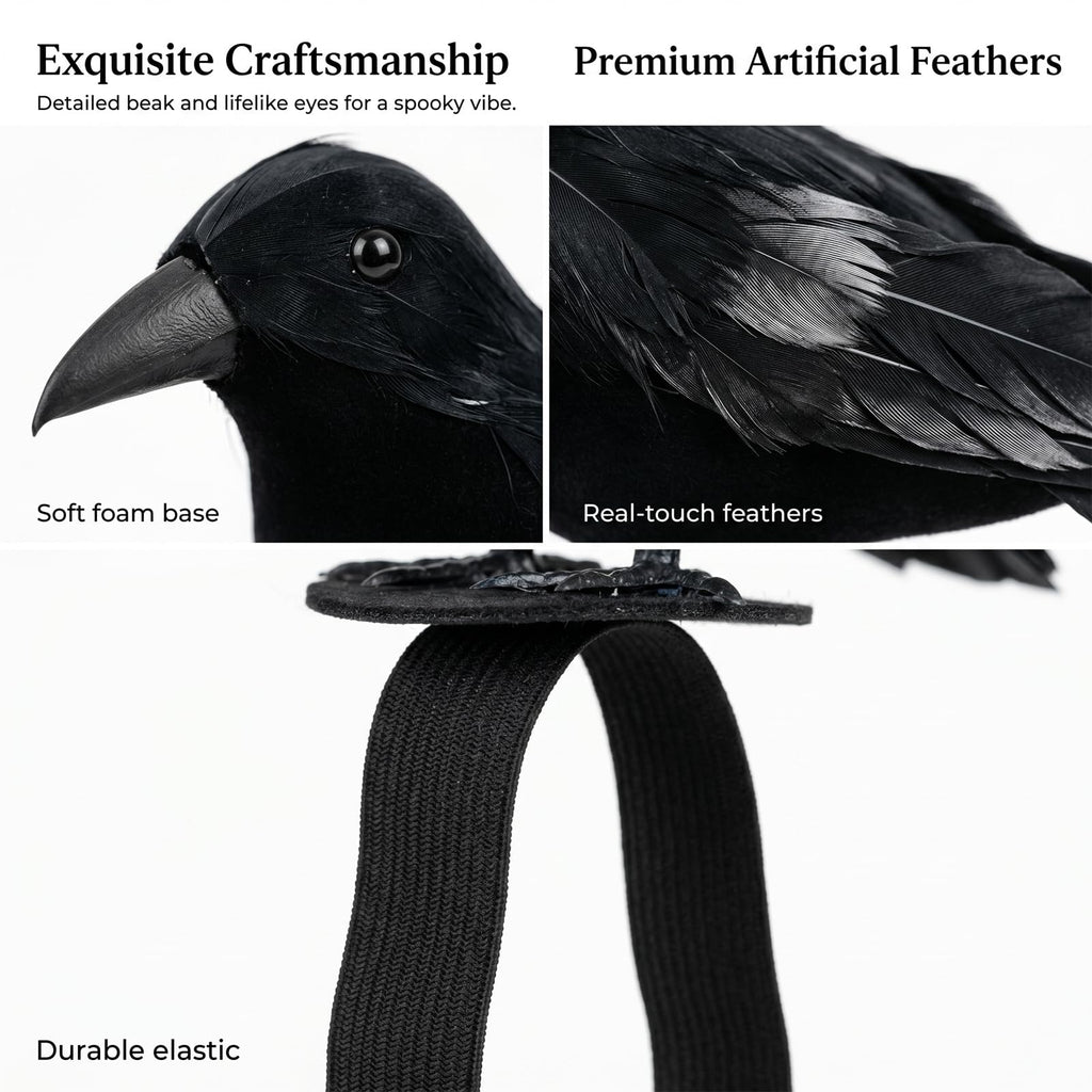 Black Feathered Crow Statue Crow on Shoulder with Elastic Strap for Outdoor Bird Props Halloween Cosplay Party