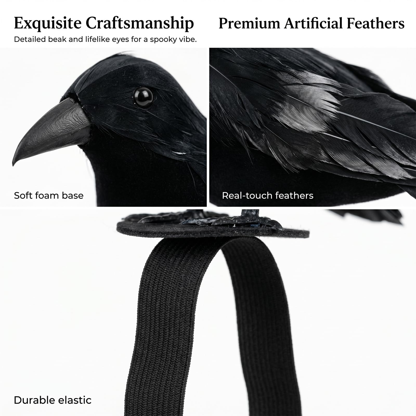 Black Feathered Crow Statue Crow on Shoulder with Elastic Strap for Outdoor Bird Props Halloween Cosplay Party