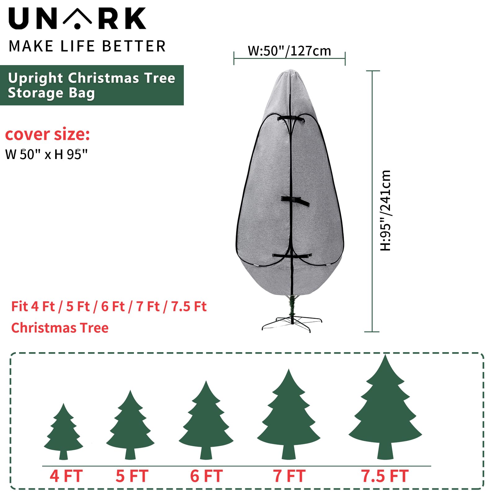 Upright Christmas Tree Storage Bag 7.5 Ft, Artificial Christmas Tree Storage Bag 6.5ft, Christmas Tree Cover for Upright Storage Fit 6 Ft / 6.5 Ft / 7 Ft / 7.5 Gray