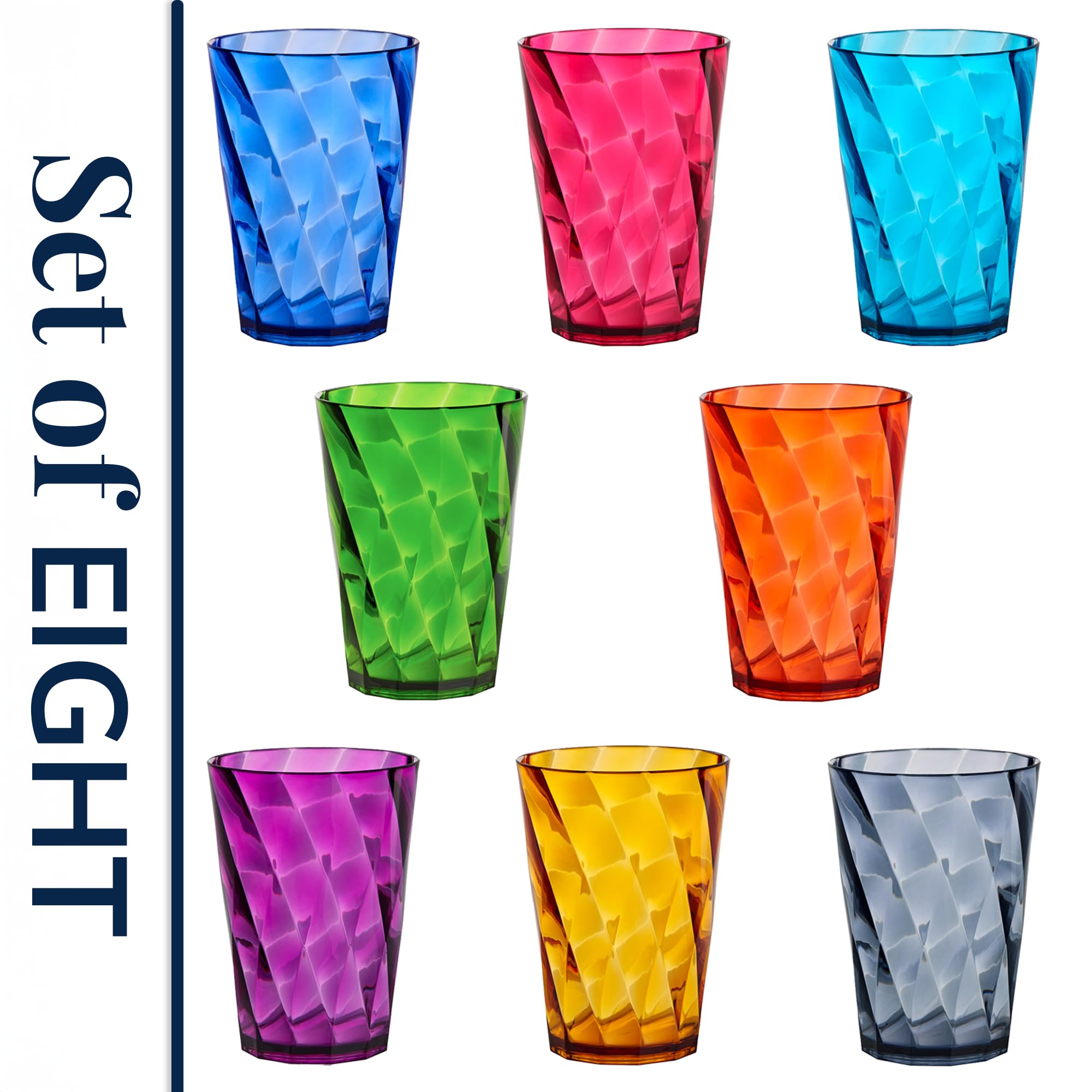 US Acrylic Optix Plastic Reusable Drinking Glasses (Set of 8) 20oz Water Cups in Jewel Tone Colors | BPA-Free Tumblers, Made in USA | Top-Rack Dishwasher Safe