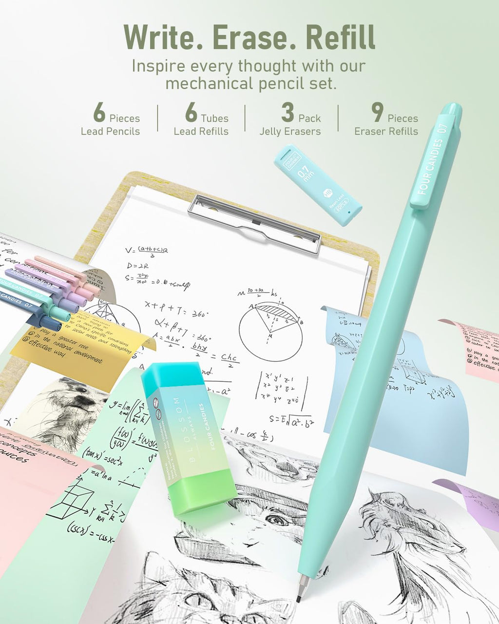 Four Candies 39 PCS Aesthetic Stationery Set with Cute Pen Case, College Supplies and Nursing Student Essentials, 12 Pastel Highlighters, 5 Black Gel Pens, 6 Mechanical Pencils, Blue