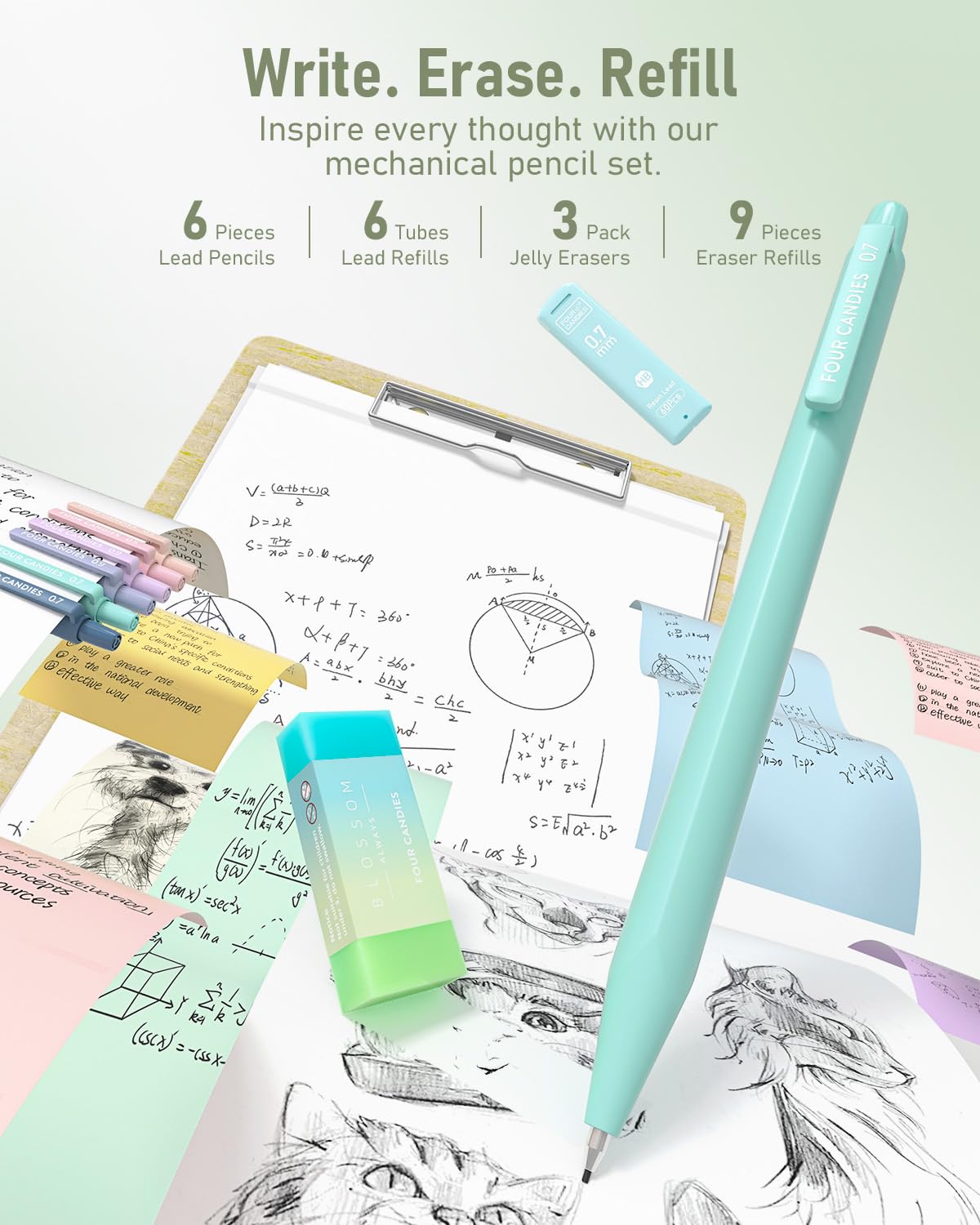 Four Candies 39 PCS Aesthetic Stationery Set with Cute Pen Case, College Supplies and Nursing Student Essentials, 12 Pastel Highlighters, 5 Black Gel Pens, 6 Mechanical Pencils, Blue