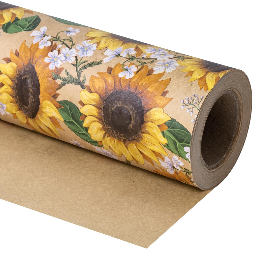 WRAPAHOLIC Kraft Floral Wrapping Paper Roll - Mini Roll - 17 Inch x 9.8 Feet - Spring Summer Garden Flower Design Perfect for Wedding, Bridal Shower, Birthday