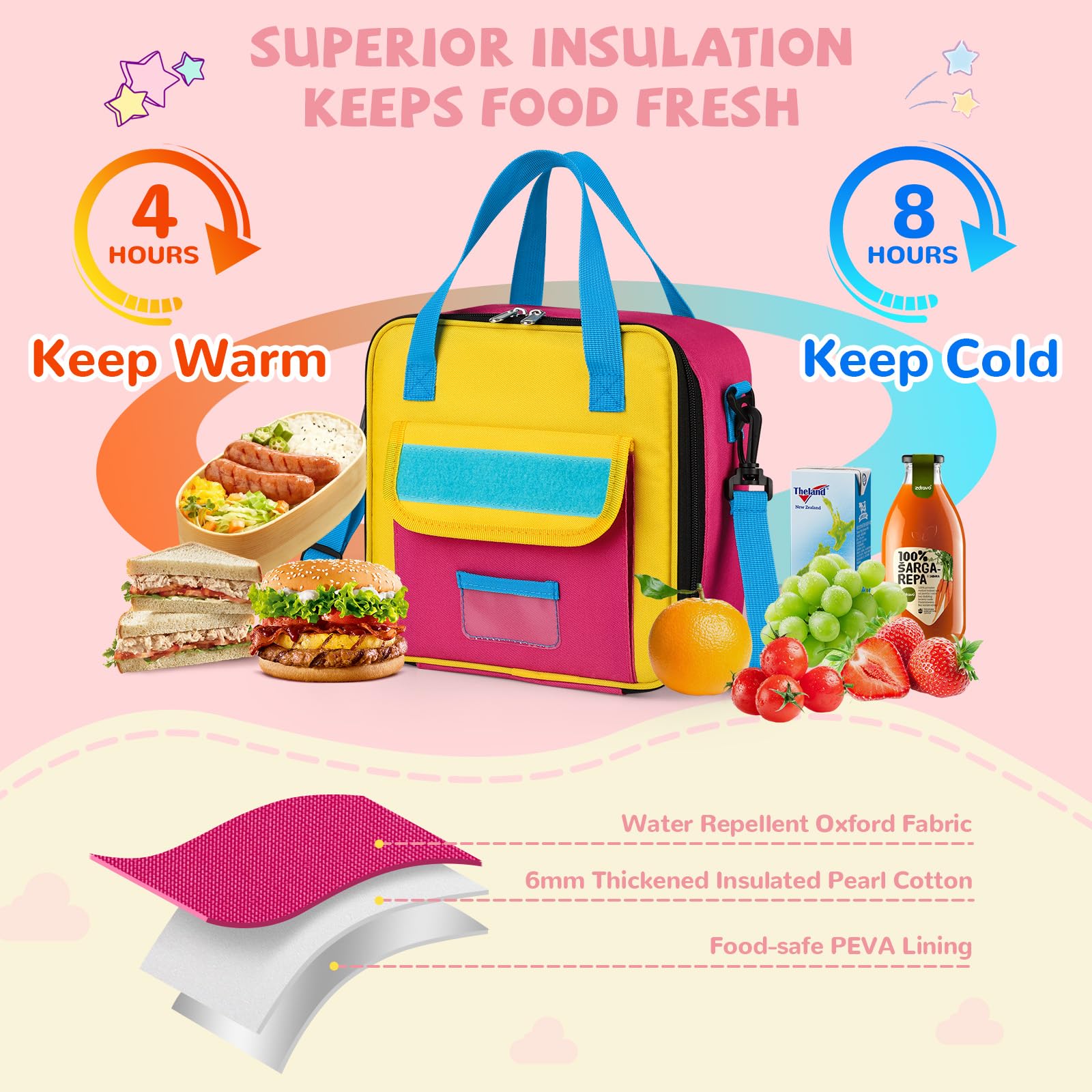 REDSHELL Tactical Lunch Box Kids, Large Insulated Lunch Bag for Girls, Cooler Lunchbag, Square Toddler Lunchbox, School Daycare Lunch Tote Pail with Water Bottle Holder Shoulder Strap, Purple