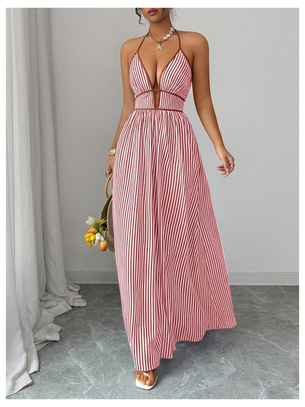 Floerns Women's Striped Halter Maxi Dress Backless Smocked Beach Vacation Boho Dress