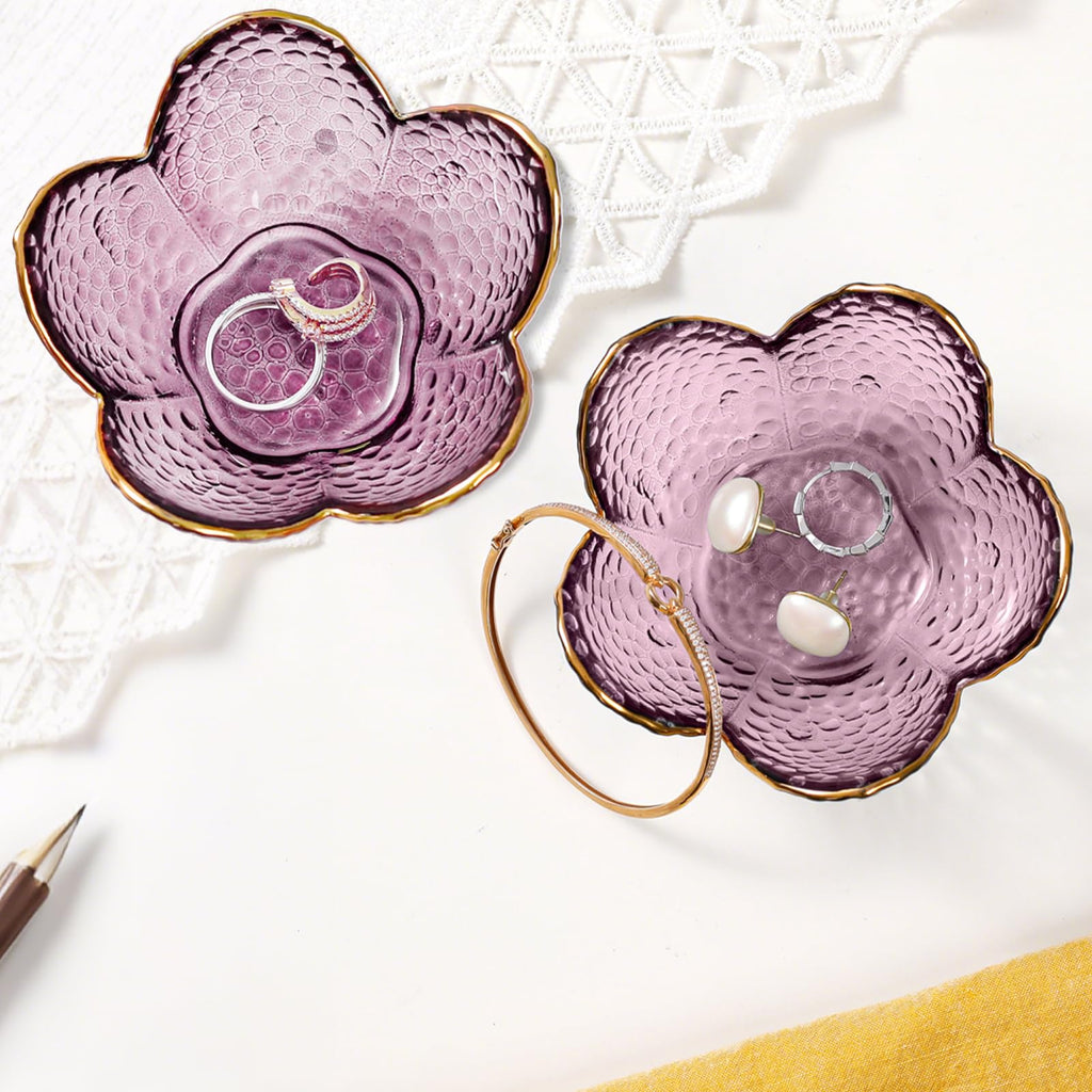 Purple Flower Jewelry Dish Glass Ring Holder Dish Jewelry Tray Cute Vanity Organizer Aesthetic Nightstand Bathroom Room Decor Trinket Dish Mothers Day Friendship Christmas Birthday Gifts for Women