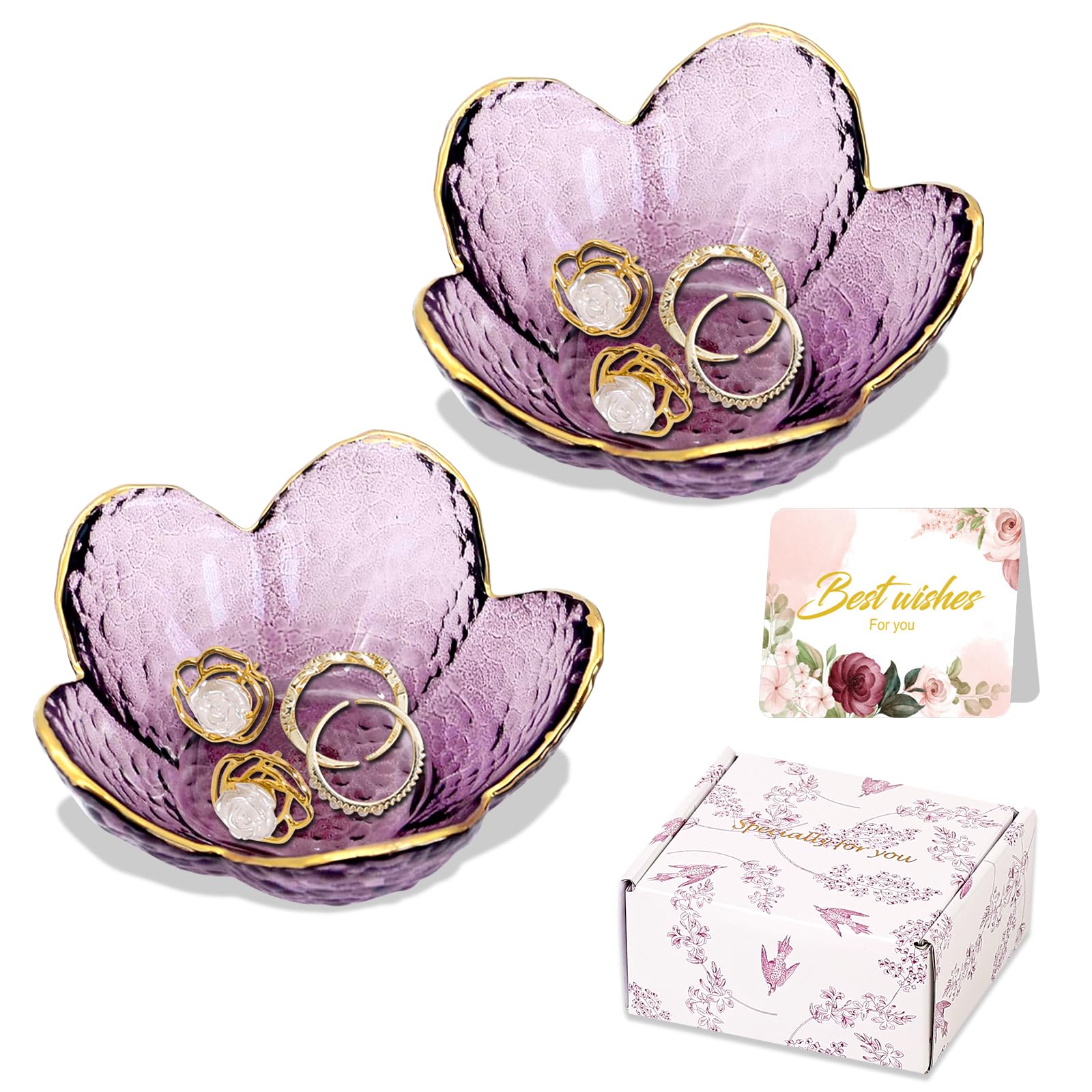 Purple Flower Jewelry Dish Glass Ring Holder Dish Jewelry Tray Cute Vanity Organizer Aesthetic Nightstand Bathroom Room Decor Trinket Dish Mothers Day Friendship Christmas Birthday Gifts for Women