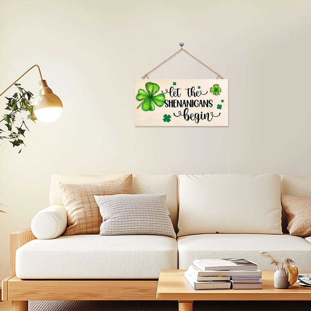 St Patricks Day Decorations Wood Sign with Two 3D Leaves Let the Shenanigans Begin Hanging Wooden Decor Lucky Shamrock Signs for Outdoor Home Door Rustic Farmhouse Party Indoor Wall Art Plaque Gift