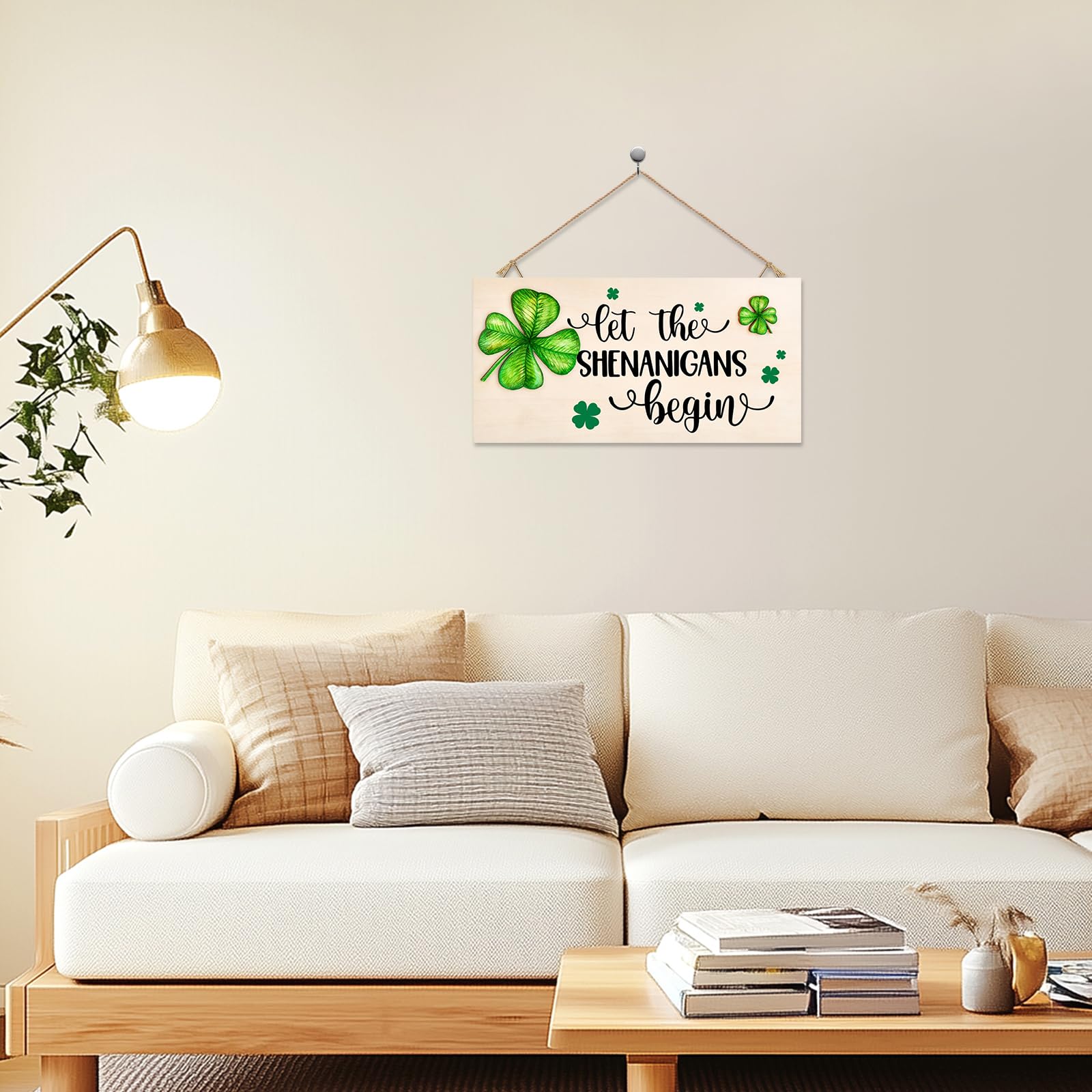 St Patricks Day Decorations Wood Sign with Two 3D Leaves Let the Shenanigans Begin Hanging Wooden Decor Lucky Shamrock Signs for Outdoor Home Door Rustic Farmhouse Party Indoor Wall Art Plaque Gift