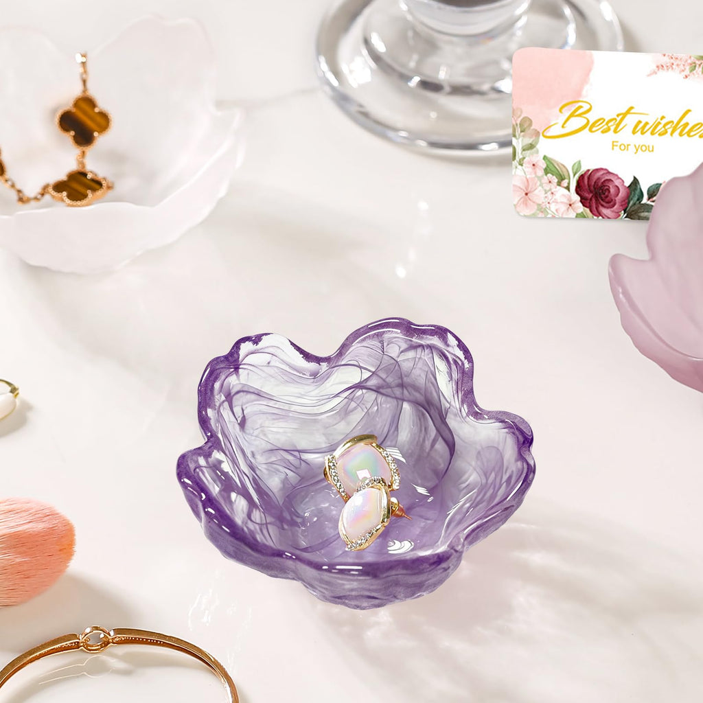 Purple Flower Jewelry Dish Glass Ring Holder Dish Jewelry Tray Cute Vanity Organizer Aesthetic Nightstand Bathroom Room Decor Trinket Dish Mothers Day Friendship Christmas Birthday Gifts for Women