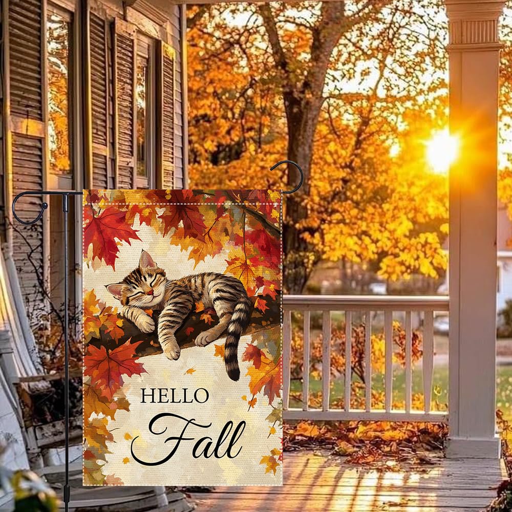 Hello Fall Garden Flag Cat Garden Flags 12x18 Inch Double Sided Vertical Autumn Farmhouse Home Decor Yard Lawn Outdoor Decorations