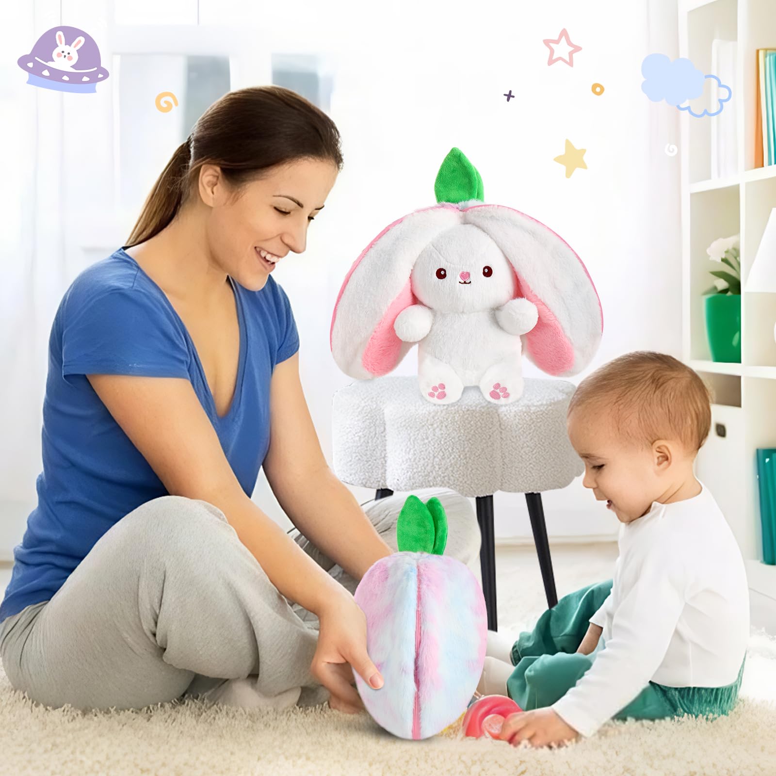 MIAODAM Bunny Stuffed Animal Reversible Cuddle Bunny Stuffed,Strawberry Bunny Transformed Rabbit Plush Zipper,Turns Into Ears Bunnies Plushies Toy Cute Stuffy Doll Easter
