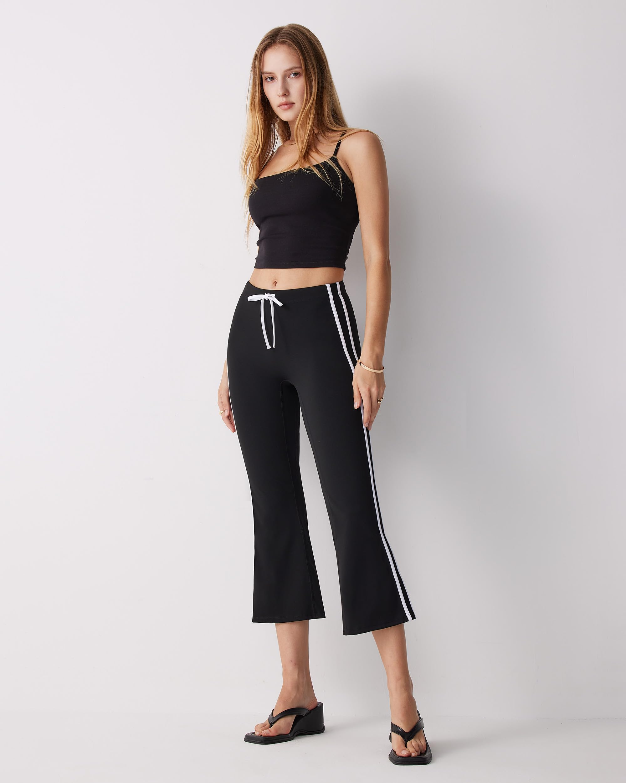 MOOSLOVER Women Flare Capri Yoga Pants High Waisted Side Stripe Drawstring Bootcut Flared Cropped Leggings