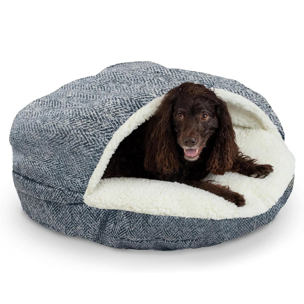 Snoozer Cozy Cave Dog Bed - Indoor Dog Bed with Cover Cave, Covered Calming Burrow for Small Sized Pets with Blanket Attached, Enclosed, Removable Washable Cover - Small, Navy
