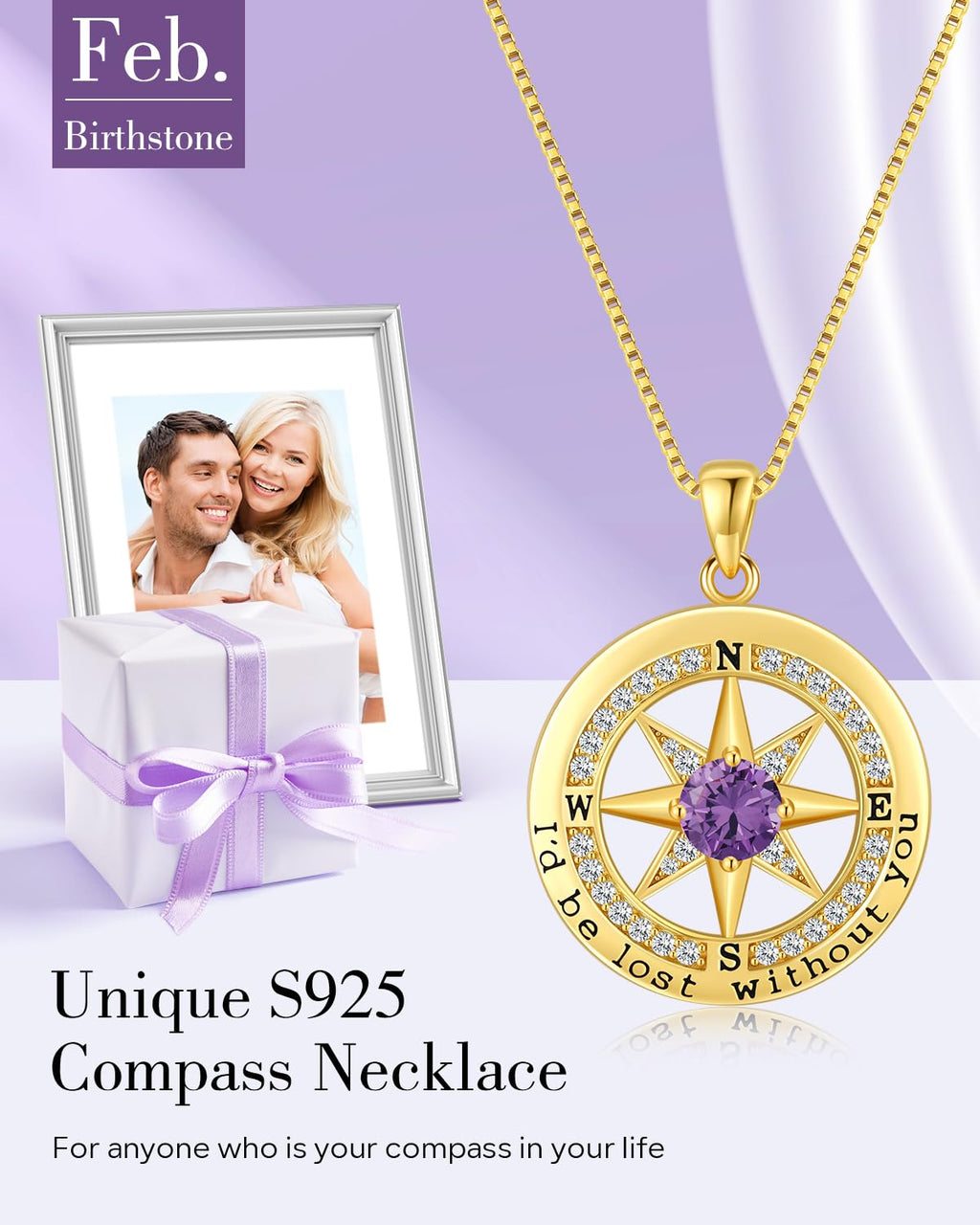 S925 Necklace Gift for Wife |Compass Jewelry |Women Anniversary |Sterling Silver |Girlfriend Birthday Gifts for Her Valentines |I'd be Lost without You |Jewel 18K Gold
