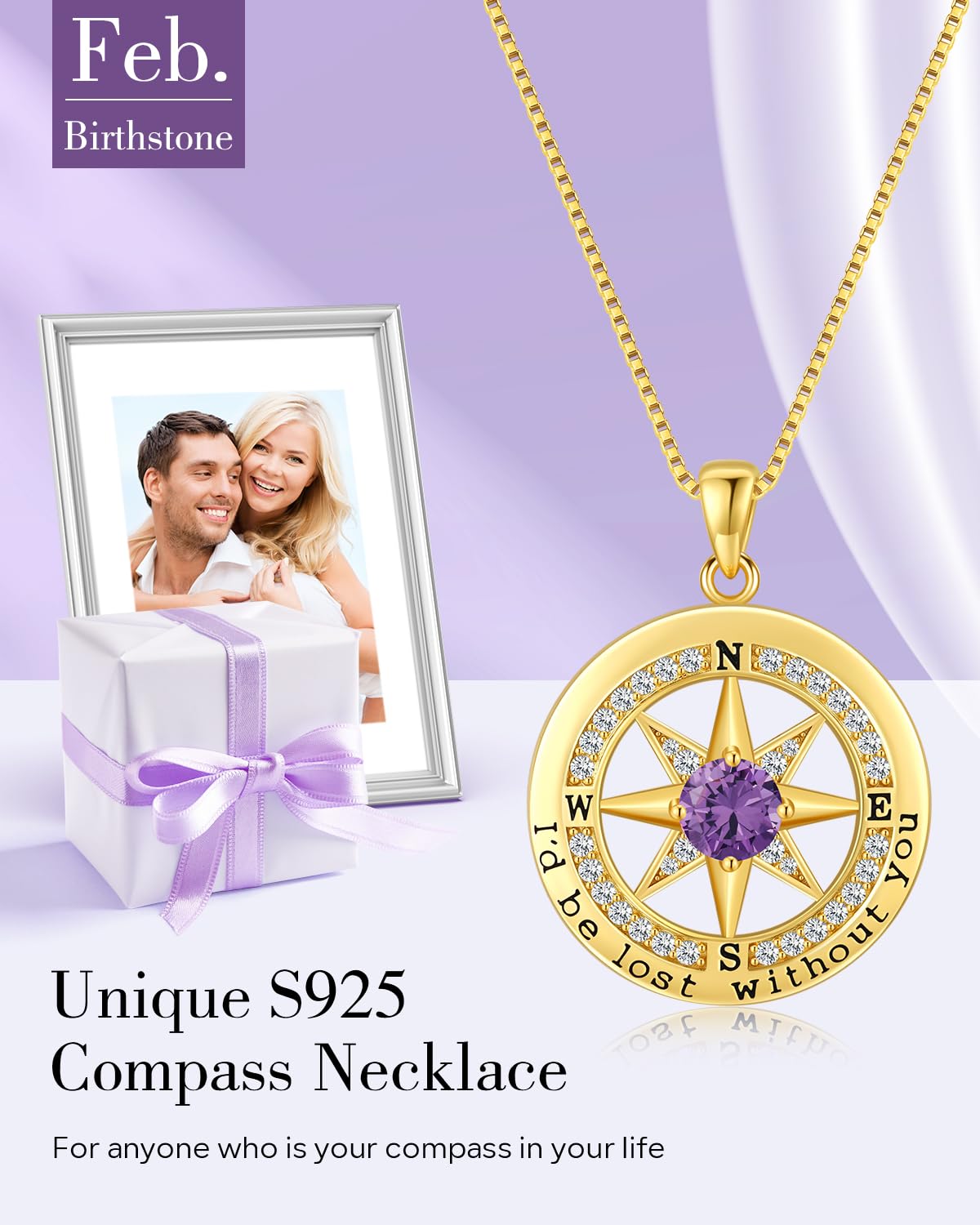 S925 Necklace Gift for Wife |Compass Jewelry |Women Anniversary |Sterling Silver |Girlfriend Birthday Gifts for Her Valentines |I'd be Lost without You |Jewel 18K Gold