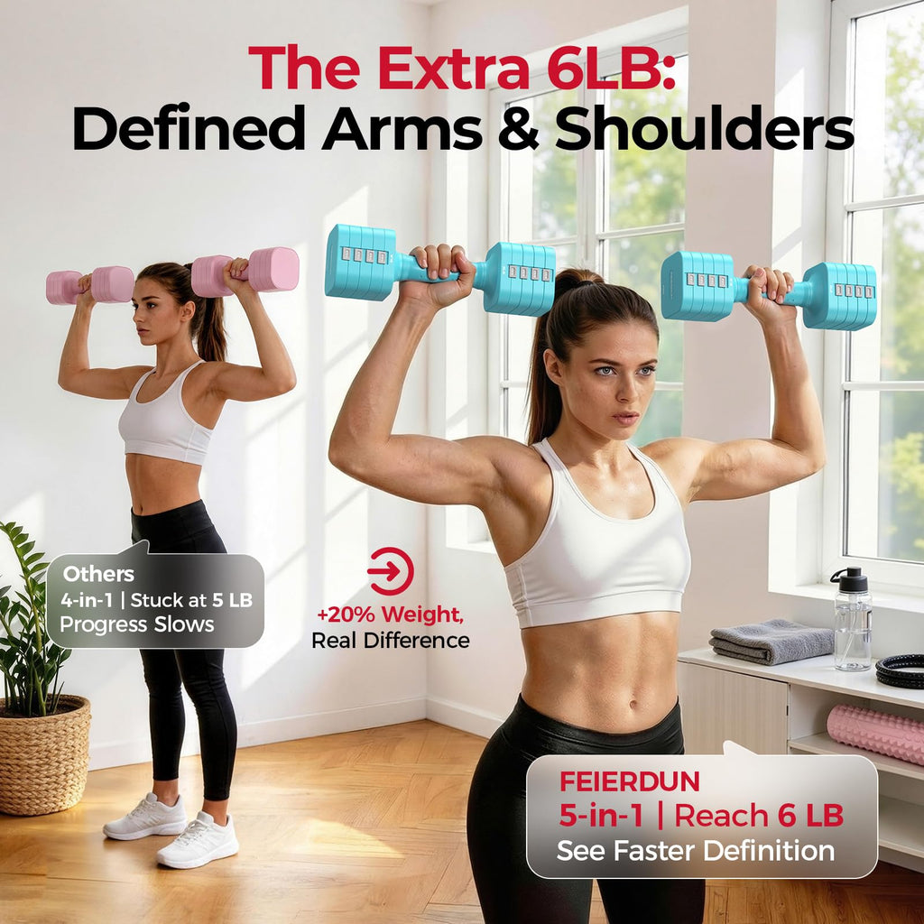 FEIERDUN DB3 5-in-1 Adjustable Dumbbell Set, 6LB/10LB Pair Adjustable Weights for Women at Home, Dual Locking Stable Hand Weights with TPU Soft Handle, Home Gym, Rehab, Pilates, Yoga, Strength Training