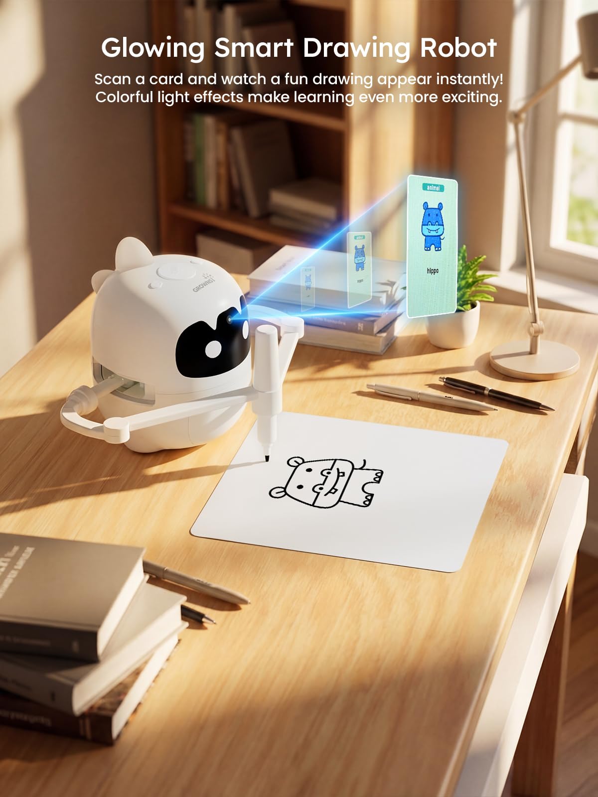 Grownsy Smart Drawing Robot for Kids, Light & Voice Guidance Education Toy with Scan, Doodle Bot with 150 Word Cards & 12 Color Pens, Montessori Painting Learning Toys for Kids Ages 3–8, Birthday Gift