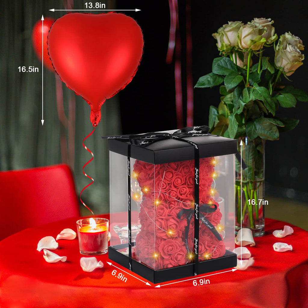 Rose Bear Mother's Day Flower Gifts for Mom Grandma, Rose Teddy Bear with Lights, Cute Teddy Flower Bear, Cute Romantic Present for Wife Girlfriend with Transparent Gift Box and Love Card