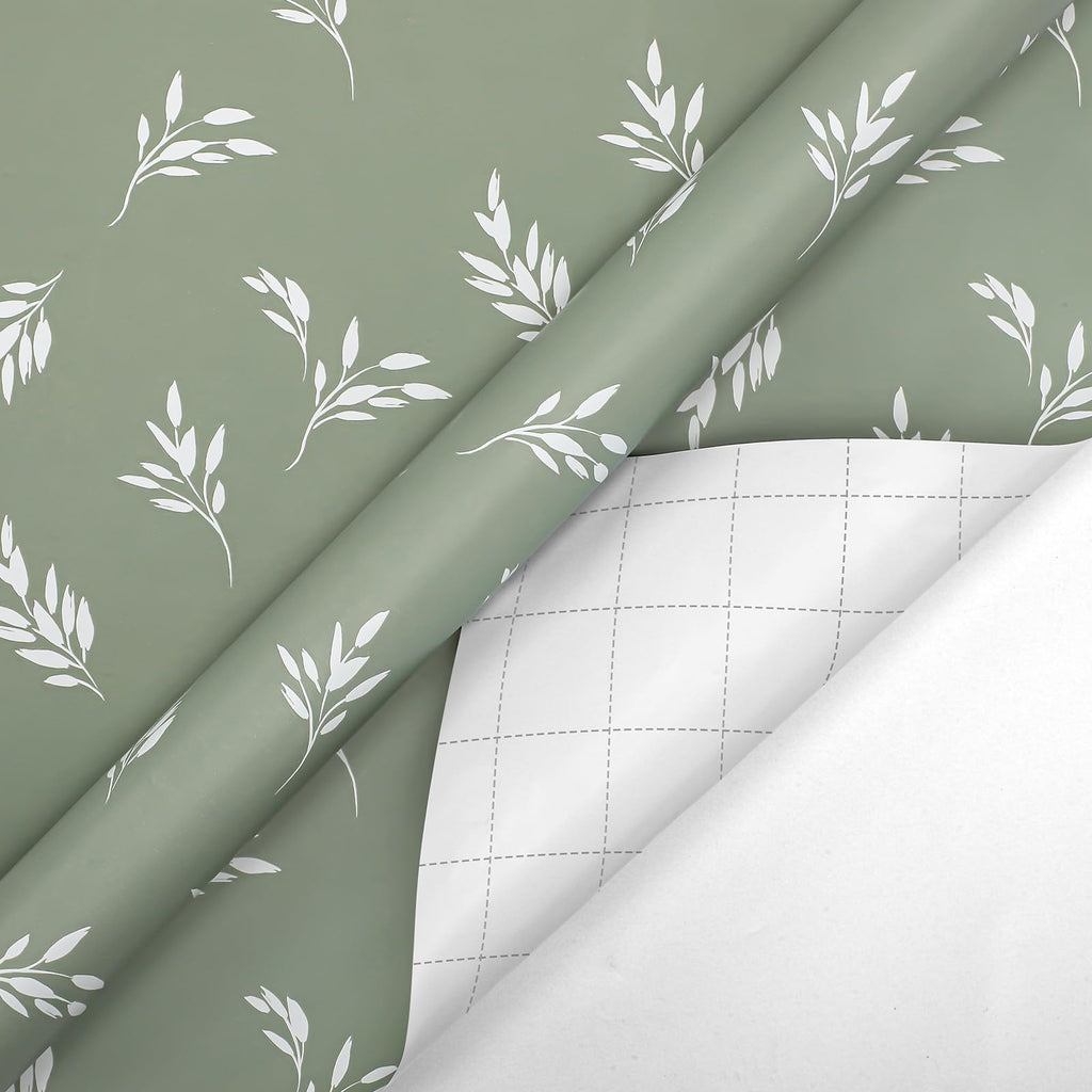 woric 4 Rolls Sage Green Wrapping Paper Neutral Wrapping Paper with Stripe Polka Dot Check Beige Leaves Design for Baby Shower Wedding Bridal Shower Graduation Birthday-17 x 120 in Per Roll