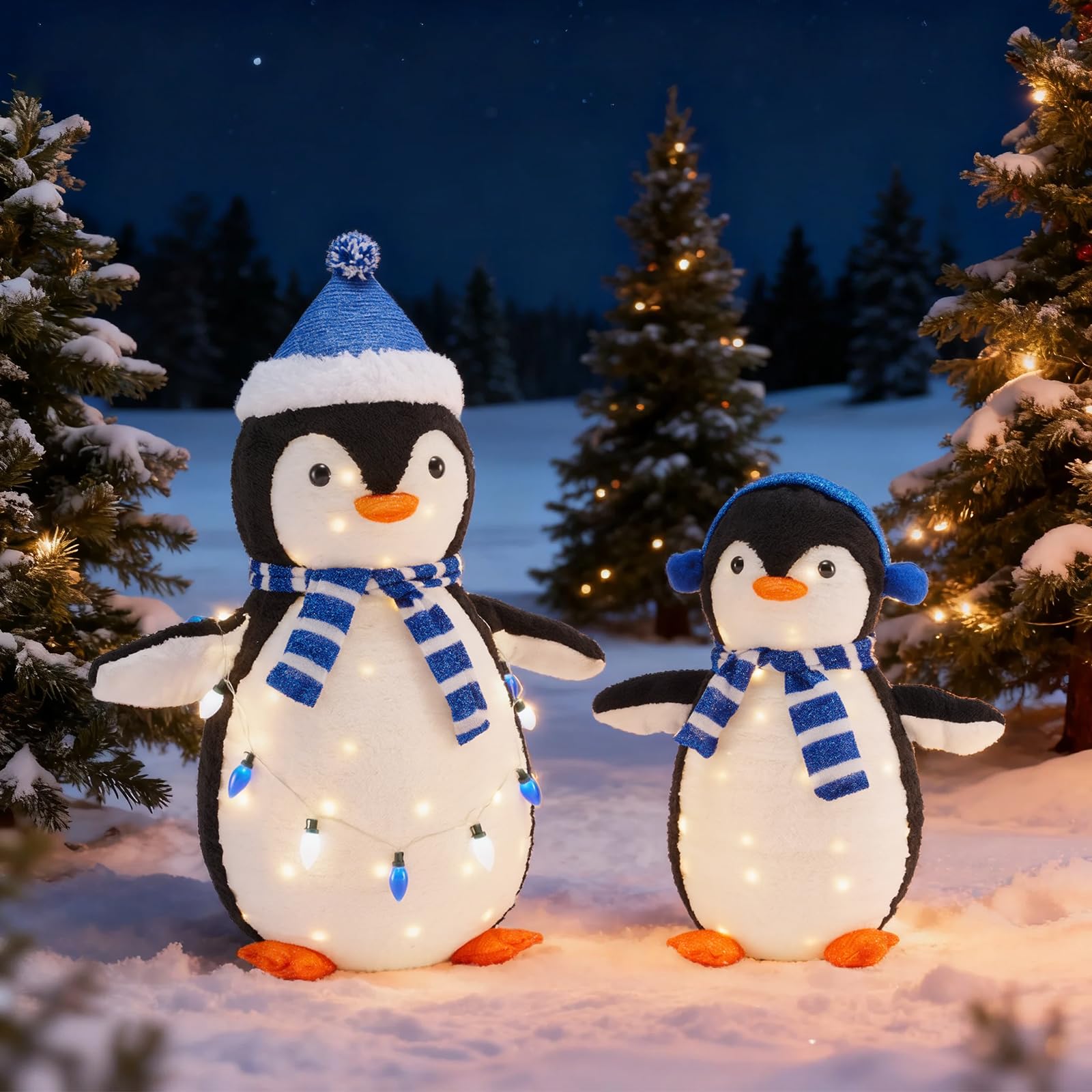 DUMOS 2-Piece Lighted Penguin Family Lovely Outdoor Christmas Decoration, Pop up Holiday Decor with 150 LED Lights for Yard, Garden, Storefront, White&Blue