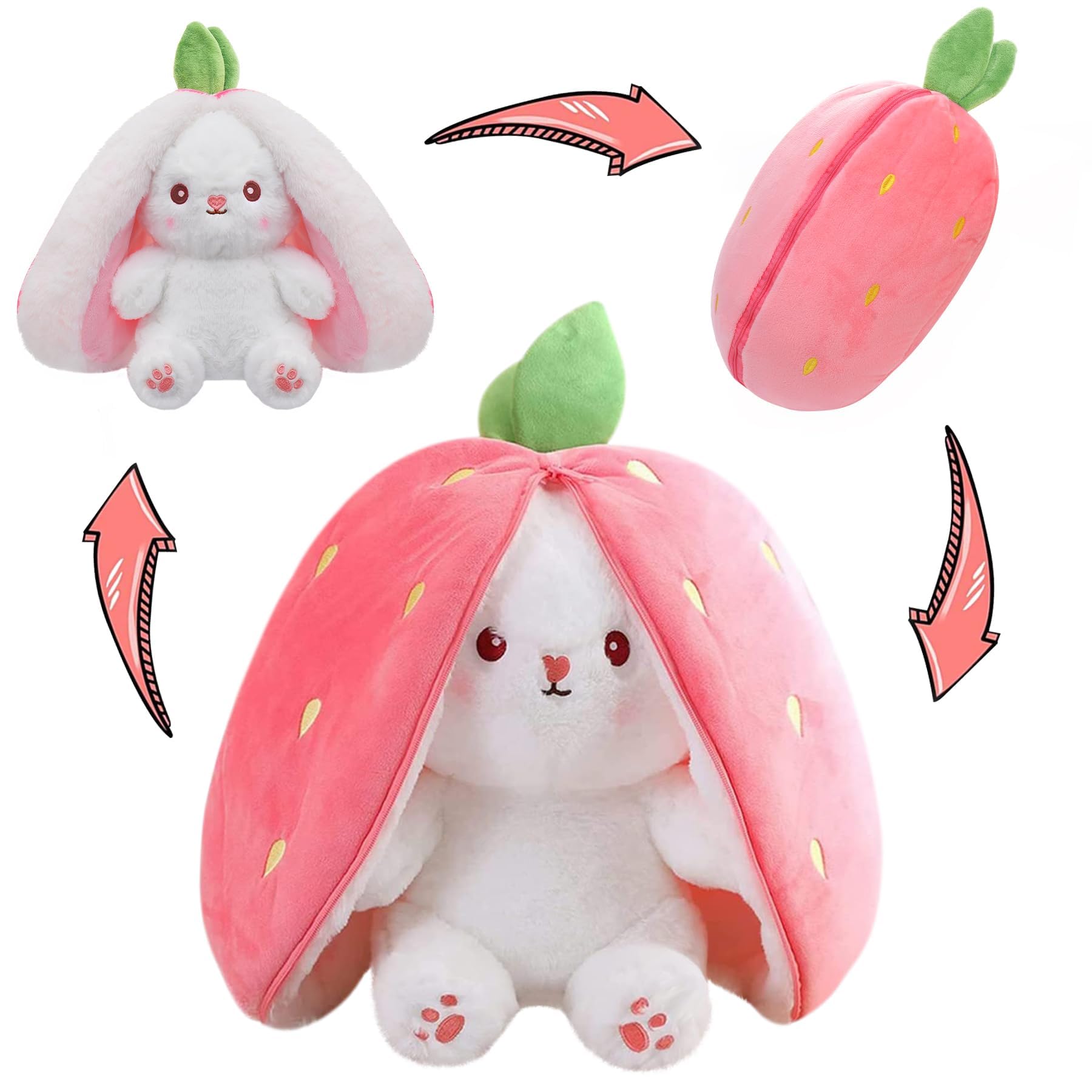 MIAODAM Bunny Stuffed Animal Reversible Cuddle Bunny Stuffed,Strawberry Bunny Transformed Rabbit Plush Zipper,Turns Into Ears Bunnies Plushies Toy Cute Stuffy Doll Easter