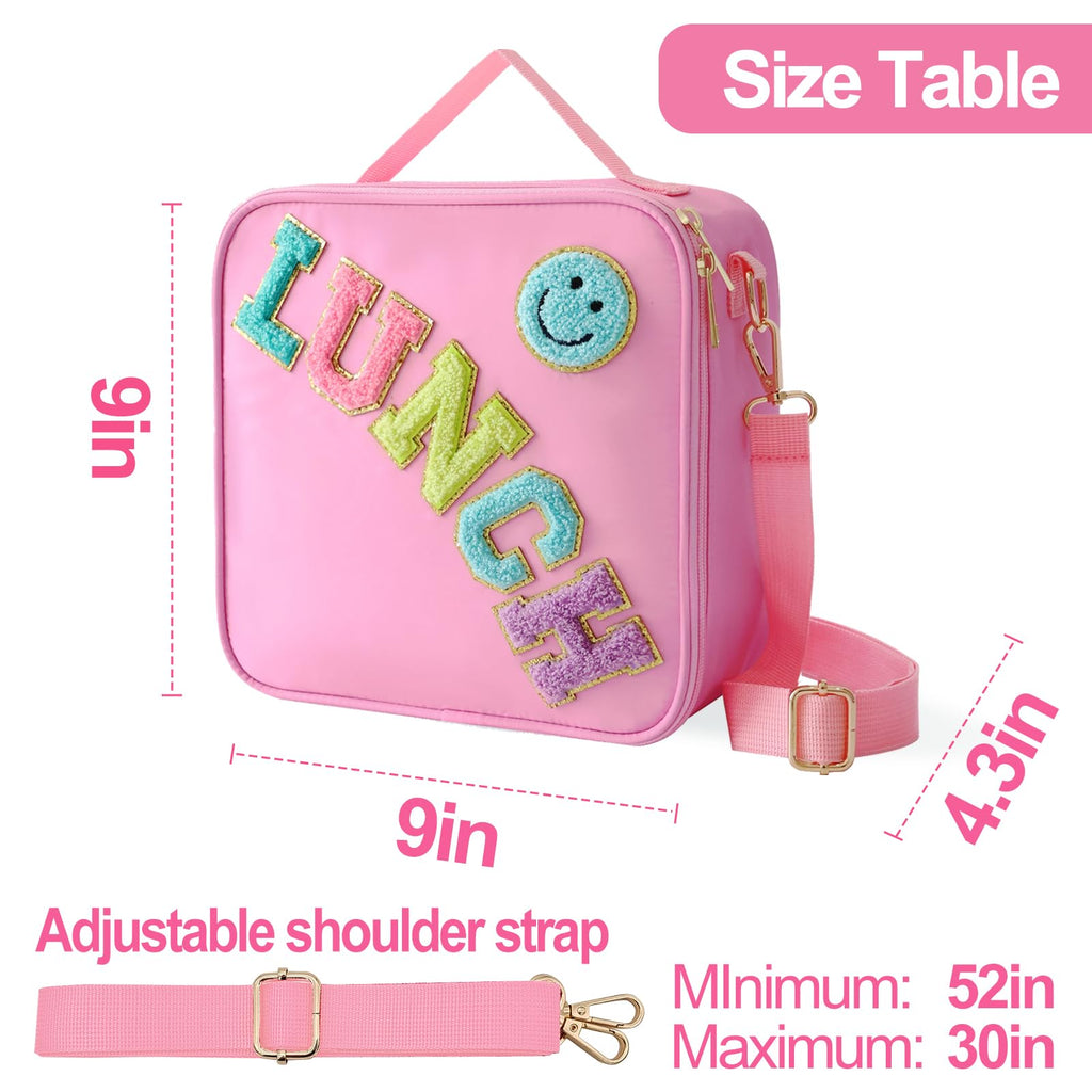 Insulated Lunch Bag With Adjustable Shoulder Strap, Nylon Preppy Lunch Box Large Insulated Lunch Bag Reusable Lunch Tote Bag with Smiley Preppy LunchBag for Girls School Travel Picnic (Purple)