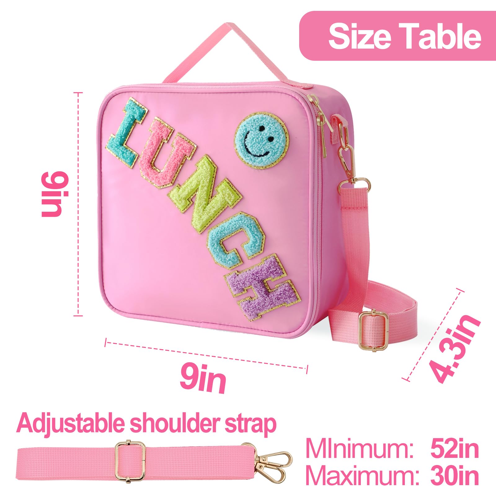 Insulated Lunch Bag With Adjustable Shoulder Strap, Nylon Preppy Lunch Box Large Insulated Lunch Bag Reusable Lunch Tote Bag with Smiley Preppy LunchBag for Girls School Travel Picnic (Purple)