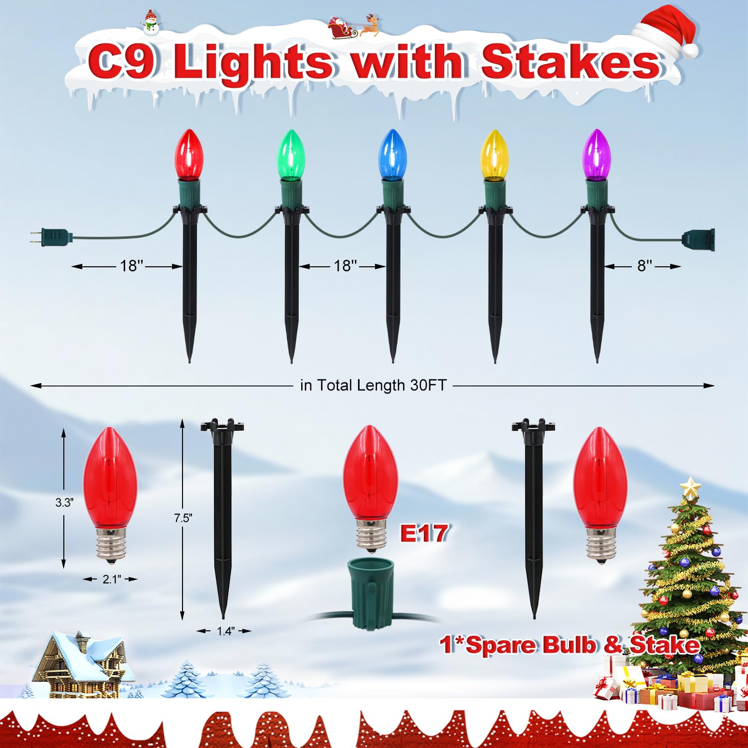 USOKYO 45Ft C9 Led Christmas Pathway Lights Outdoor, 30 Multicolor Bulbs Waterproof Connectable Christmas Walkway Lights for Driveway, Yard, Lawn, Sidewalk Decorations