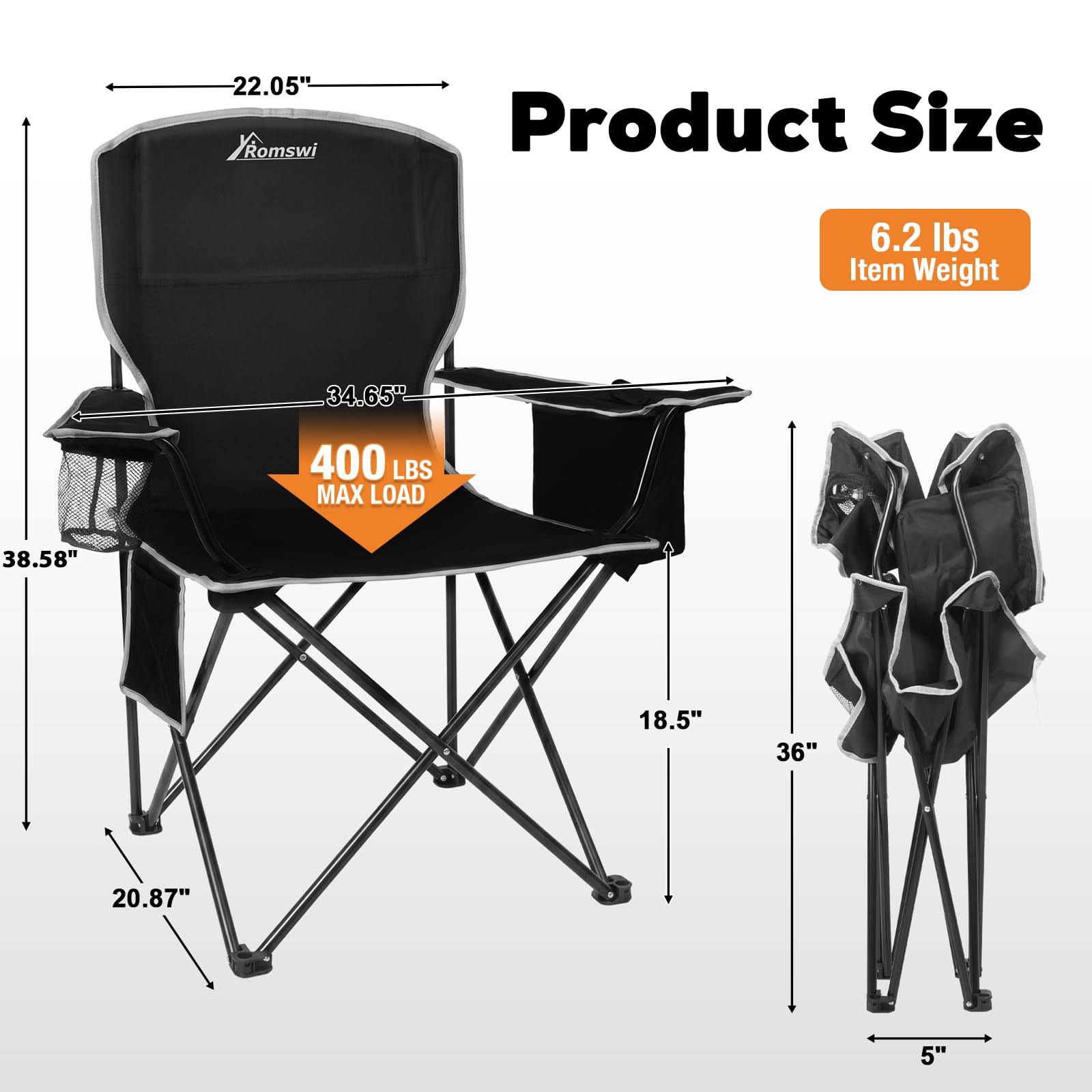 Camping Chairs for Adults 2 Pack, Folding Chair with 4-Can Cooler Bag & Cup Holder, Portable Heavy Duty Outdoor Chair with Mesh Back for Camping, Beach, Lawn, Fishing, Blue