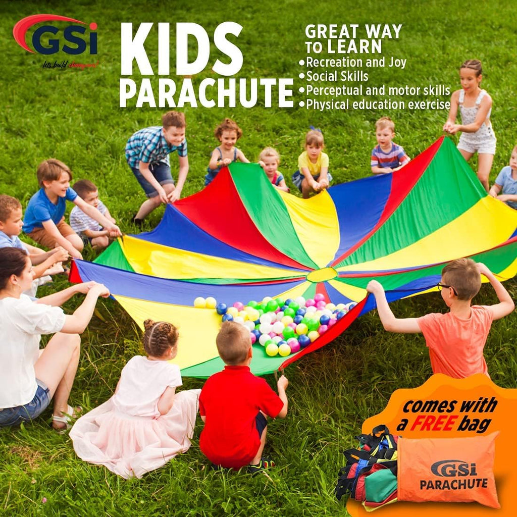 GSi Kids Play Parachute Rainbow Parachute Toy Tent Game for Children Gymnastics Cooperative Play and Outdoor Playground Activities (12 Feet)