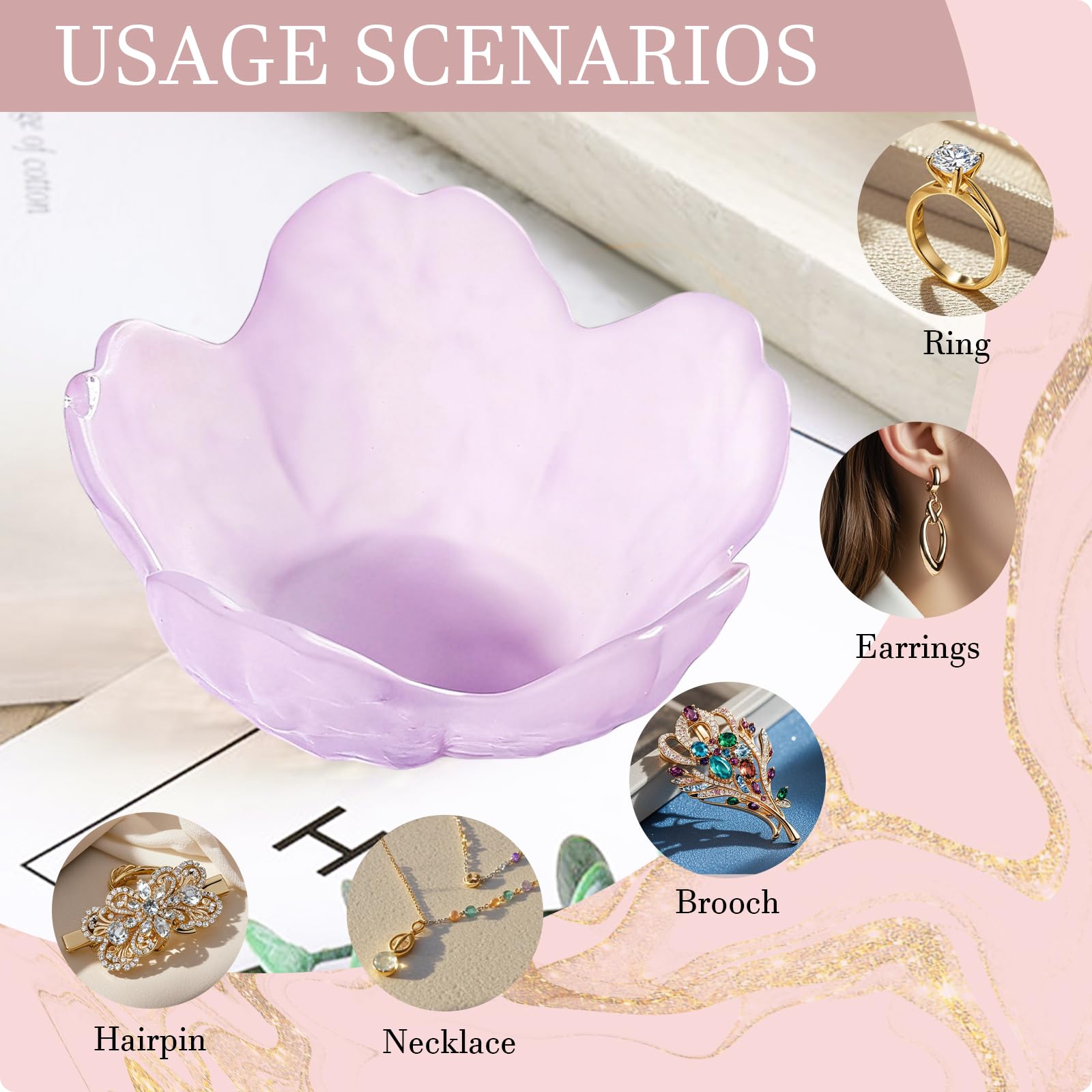 Purple Flower Jewelry Dish Glass Ring Holder Dish Jewelry Tray Cute Vanity Organizer Aesthetic Nightstand Bathroom Room Decor Trinket Dish Mothers Day Friendship Christmas Birthday Gifts for Women