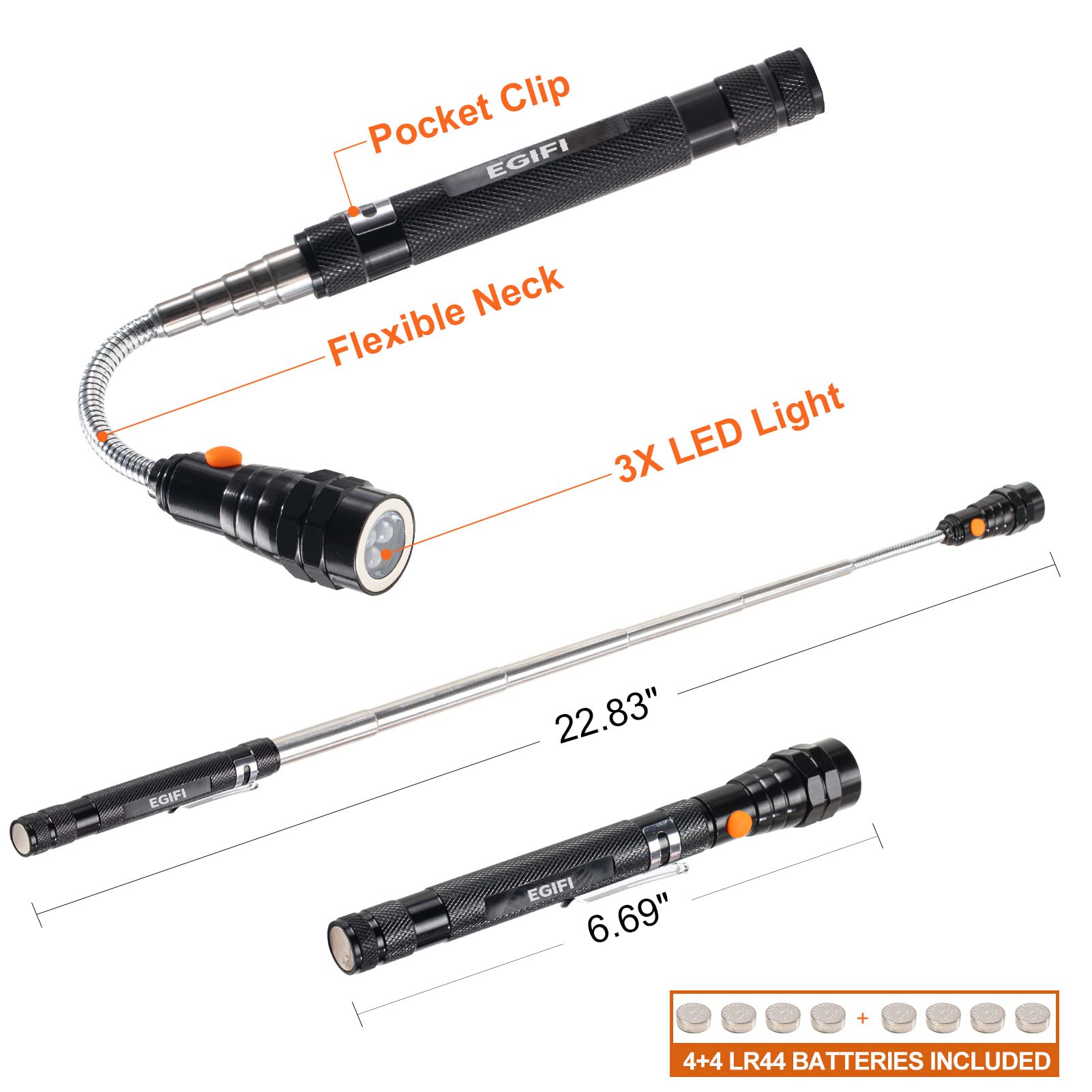 Telescoping Magnetic Pickup Tool Set with 1 & 15 lb Pick Up Sticks, Round and Square Adjustable Inspection Mirror and Flexible LED Flashlight, Fathers Day Dad Gifts for Men, Dad, Husband