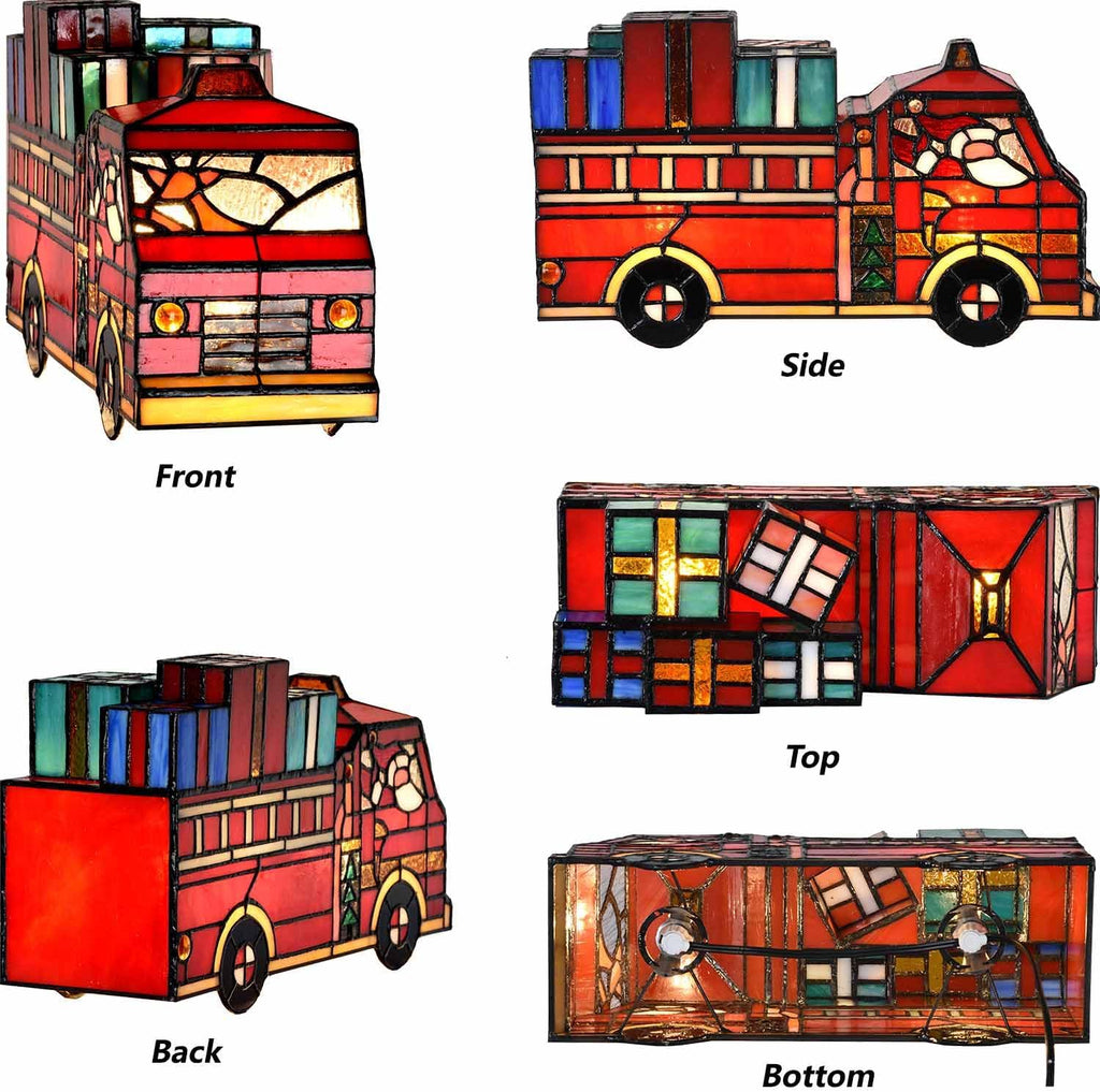 Bieye L12009 Tiffany Style Stained Glass Christmas Fire Truck Table Lamp with Santa, Reindeer, and Gifts, Handmade Holiday Decoration, 12" Wide