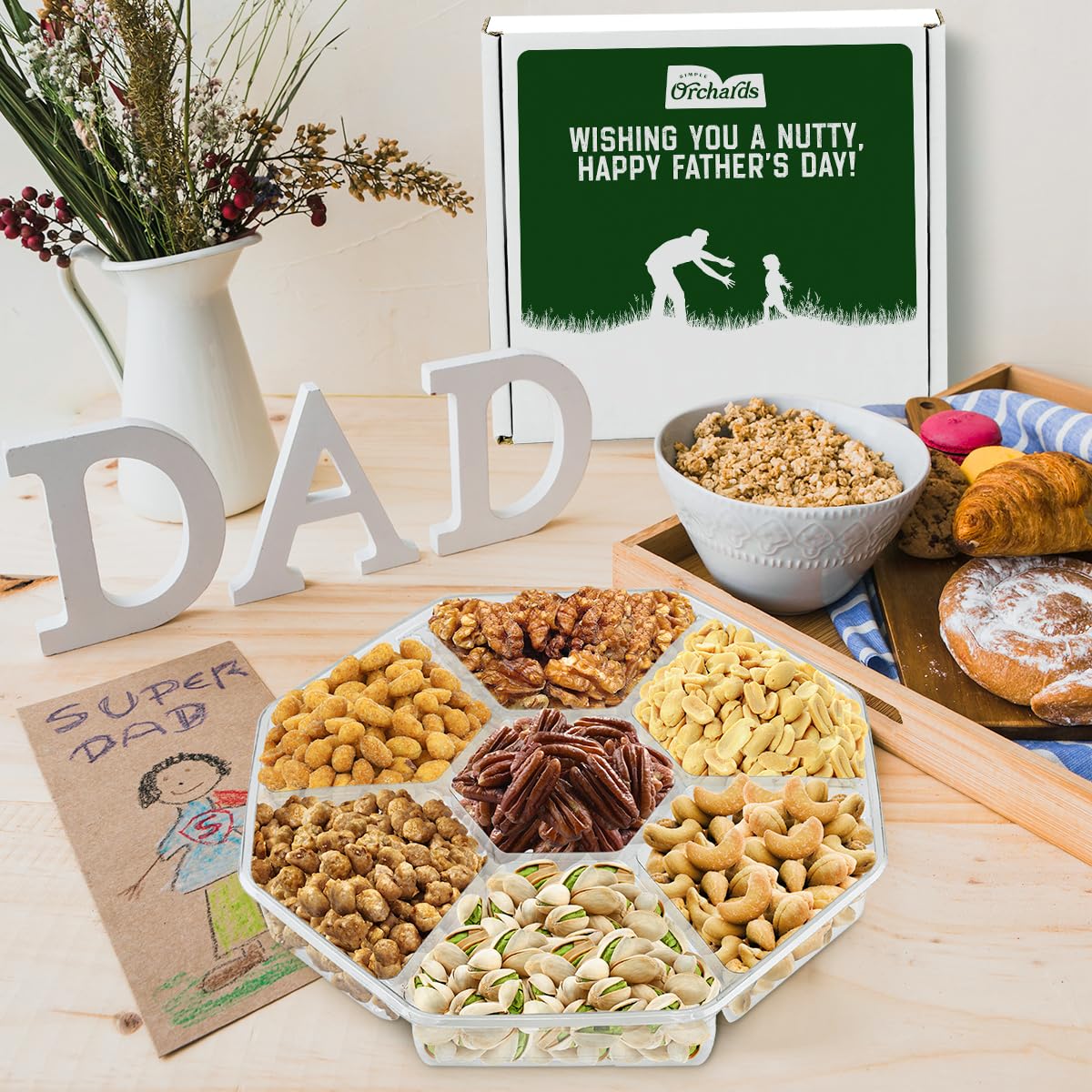 Fathers Day Nut Gift Basket, 7 Sectional Platter of Nut Baskets Gifts for Men, Great for Father Day gifts for Husband, Perfect Dad Gift for Fathers Day