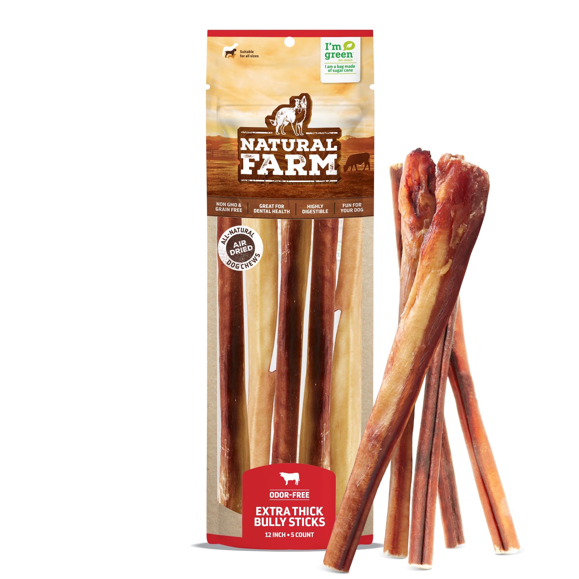 Natural Farm Bully Sticks (6 Inch, 15 Count), Single Ingredient: 100% Beef Chews, Grass-Fed, Non-GMO, Grain-Free, Fully Digestible Treats for Puppies, Small or Senior Dog
