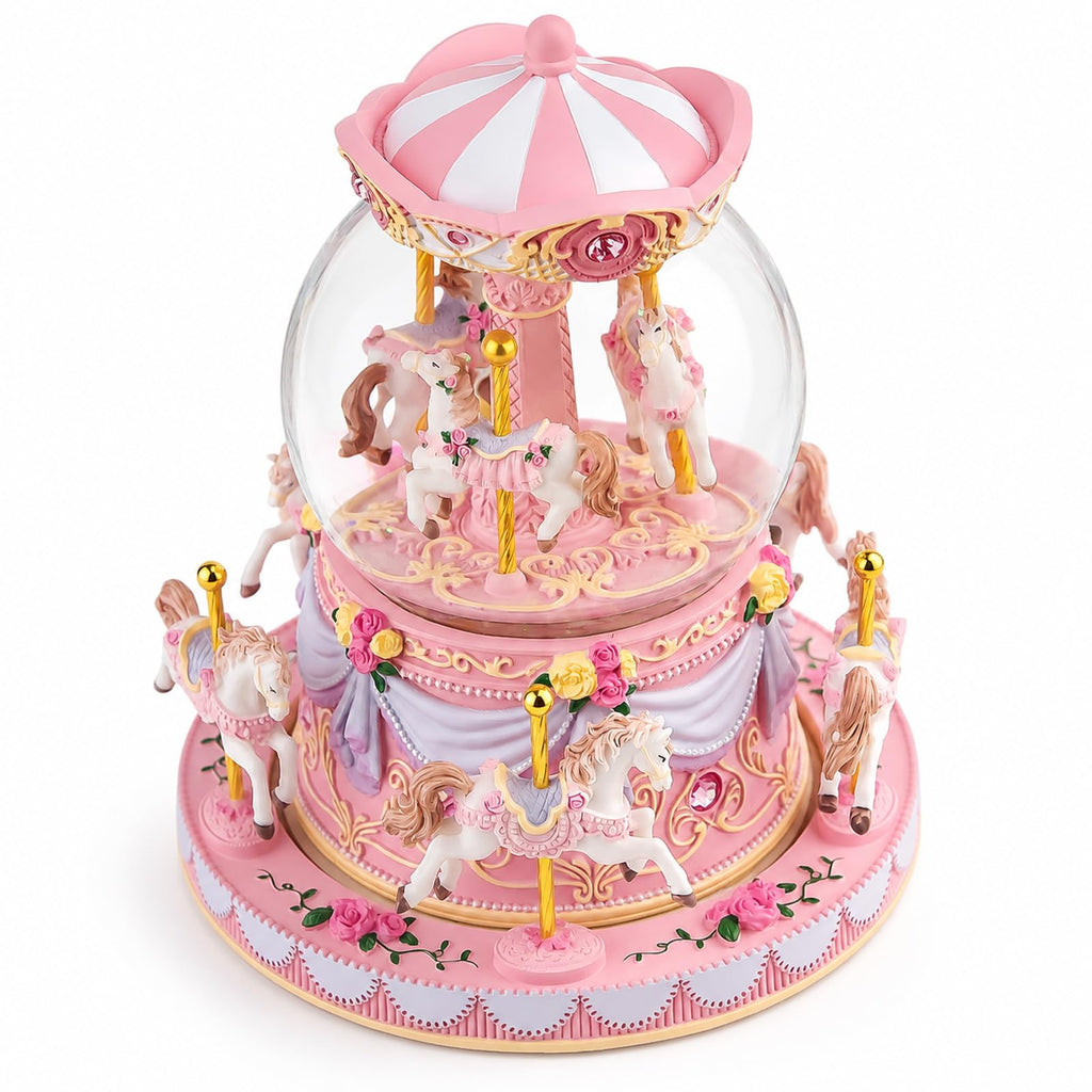 Blue Carousel Snow Globe Music Box with LED Lights, Rotating Horse Merry Go Round, Wind Up Musical Snow Globe Plays You are My Sunshine, Gift for Daughter Granddaughter Mom Women