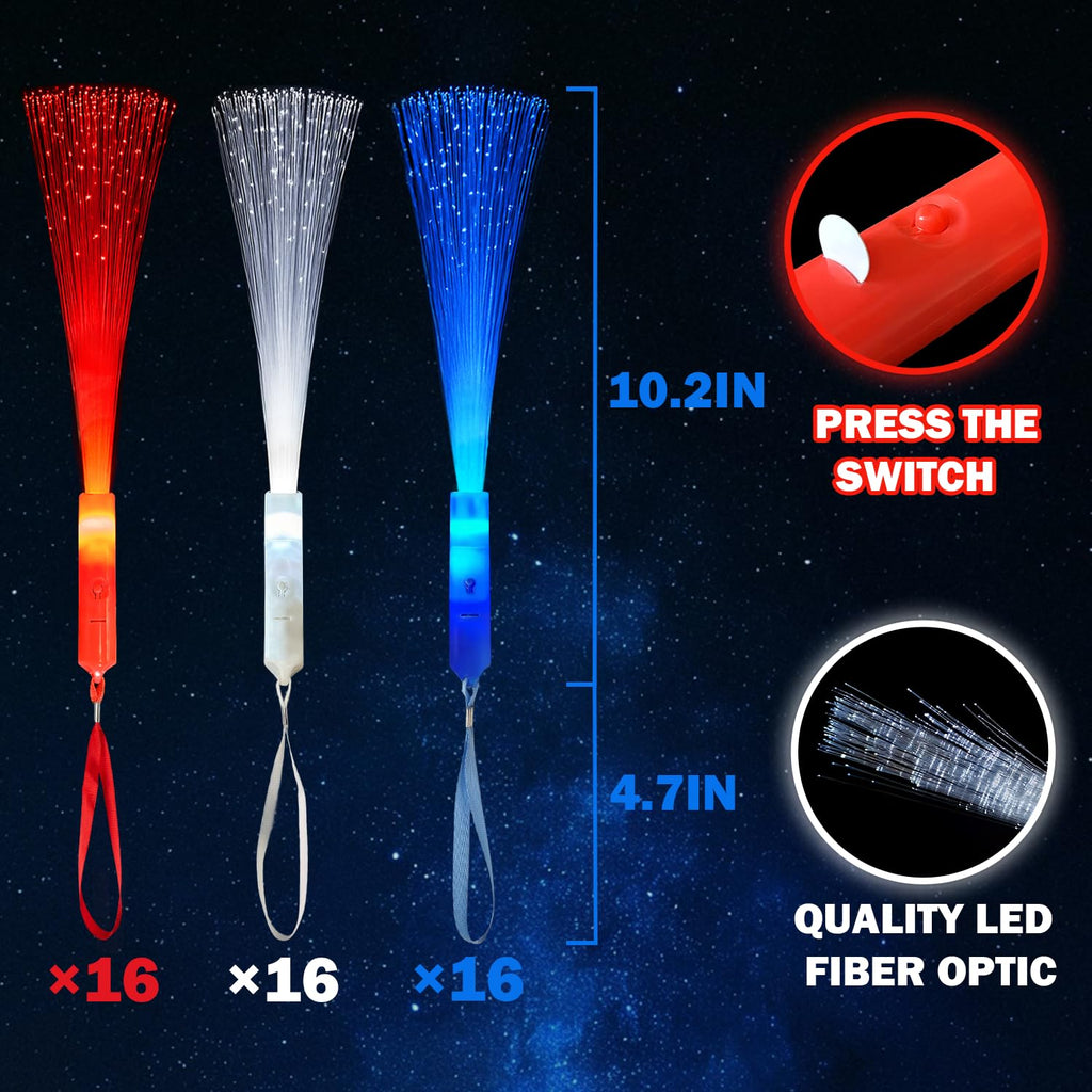 Patriotic Red White Blue Glow Sticks Party Favors Supplies for Kids Bulk-24 Pack, 4th of July Fiber Optic Wand Toys for Toddlers, Sparklers Fireworks Gifts Fourth of July Parade Throws for Boy Girls