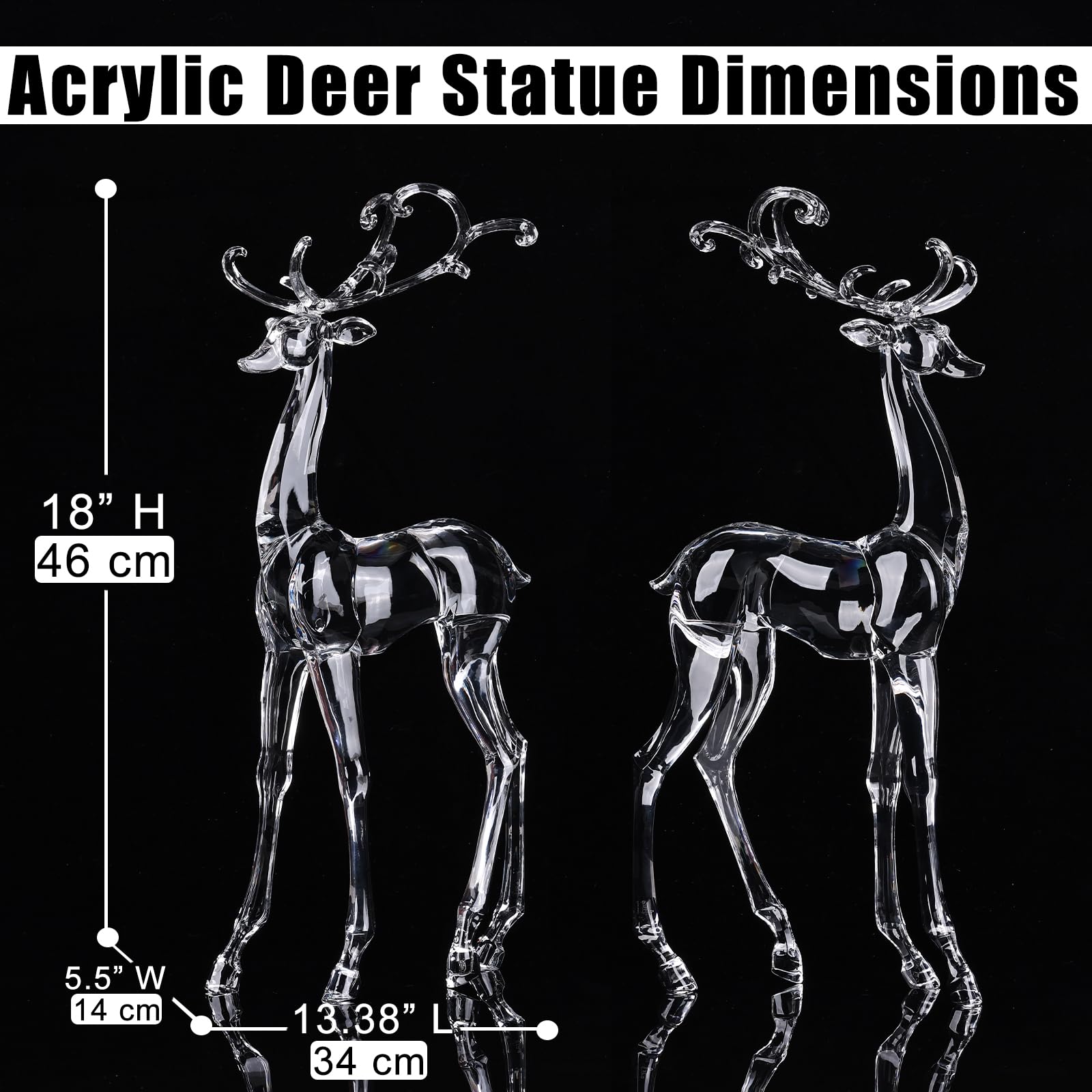 18" Tall Acrylic Christmas Reindeer Figurine - Elegant Clear Large Reindeer Ornaments for Christmas Indoor Decor, Holiday Centerpiece, Living Room, Fireplace, Table Display (Gold Standing Reindeer)