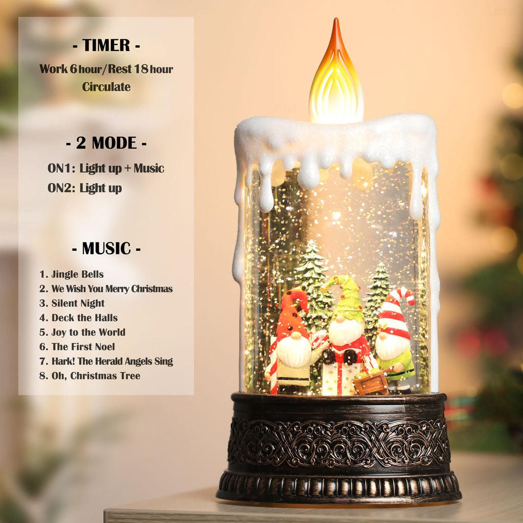 Snowman Christmas Snow Globe Lantern, Lighted Christmas Decorations for Home Candle Shaped Snow Lantern with Music Timer Glittering, Home Decor Festival Gife, USB & Battery Operated