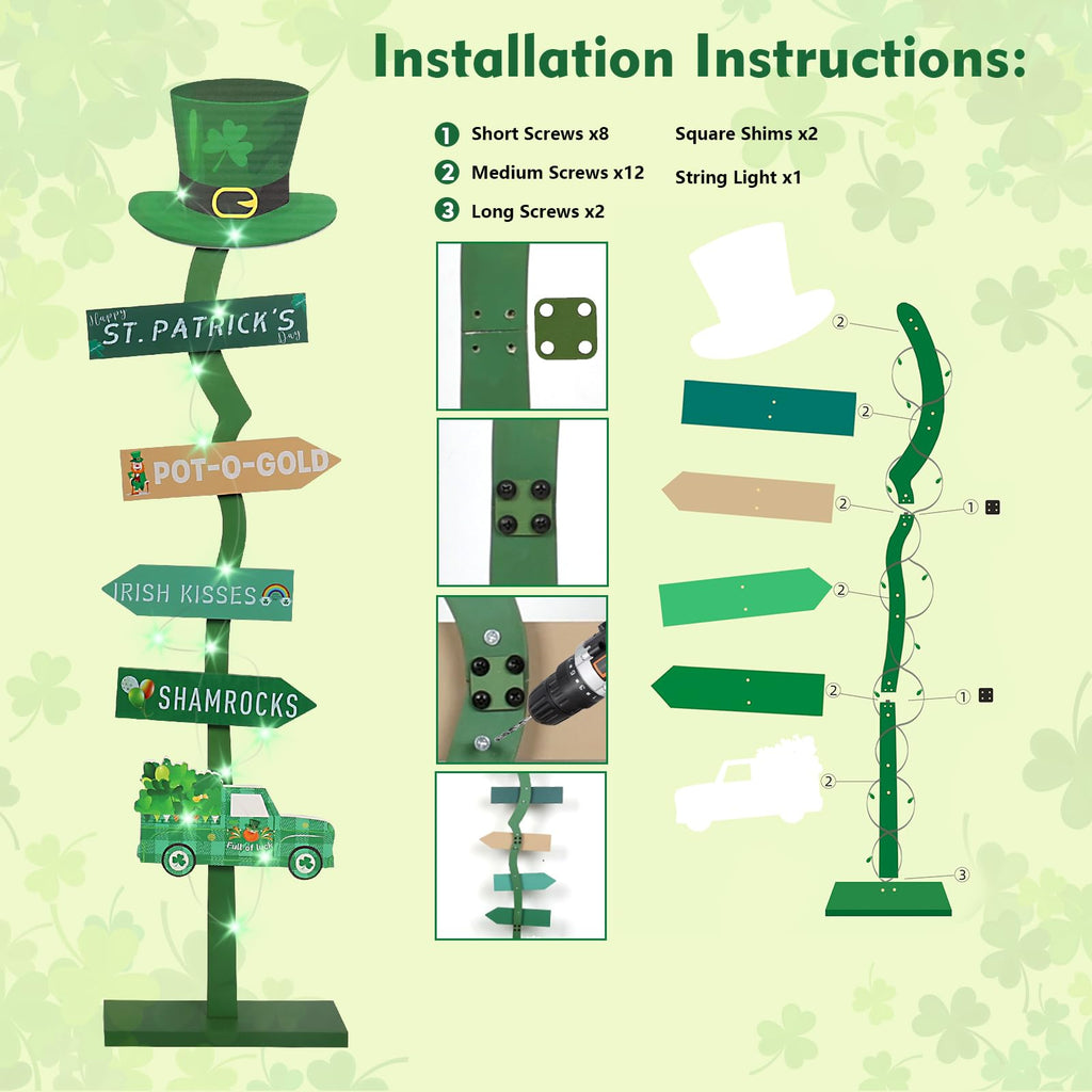 43.8" Lighted Wooden St. Patrick's Day Porch Sign Leprechaun Hat Shamrock Irish Train Standing Signs With Base For Indoor Outdoor Yard Decor
