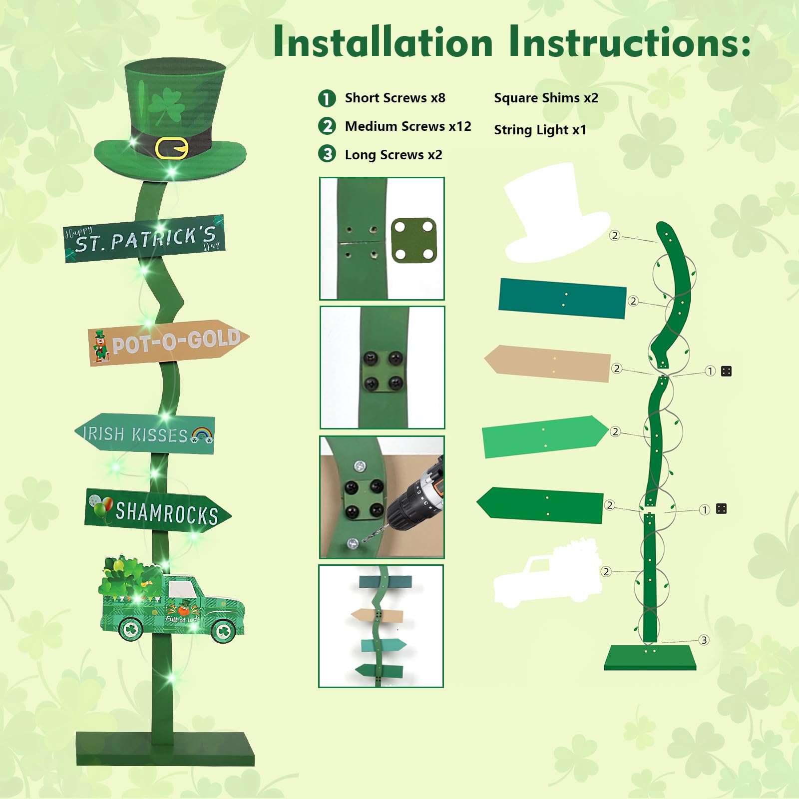 43.8" Lighted Wooden St. Patrick's Day Porch Sign Leprechaun Hat Shamrock Irish Train Standing Signs With Base For Indoor Outdoor Yard Decor