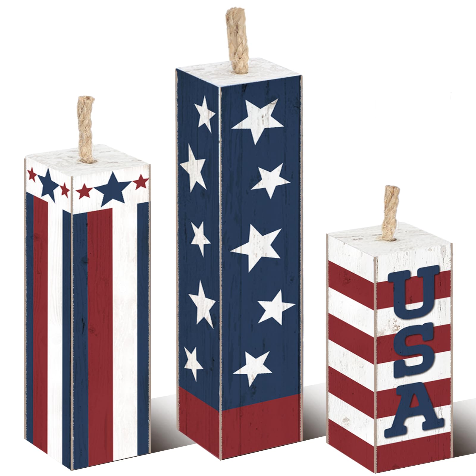 Amyhill 3 Pcs 4th of July Decorations Set Wooden Patriotic Table Centerpieces Independence Day Wood Firework Fourth of July Table Signs for 250th Anniversary Home Farmhouse Decor (Flag)